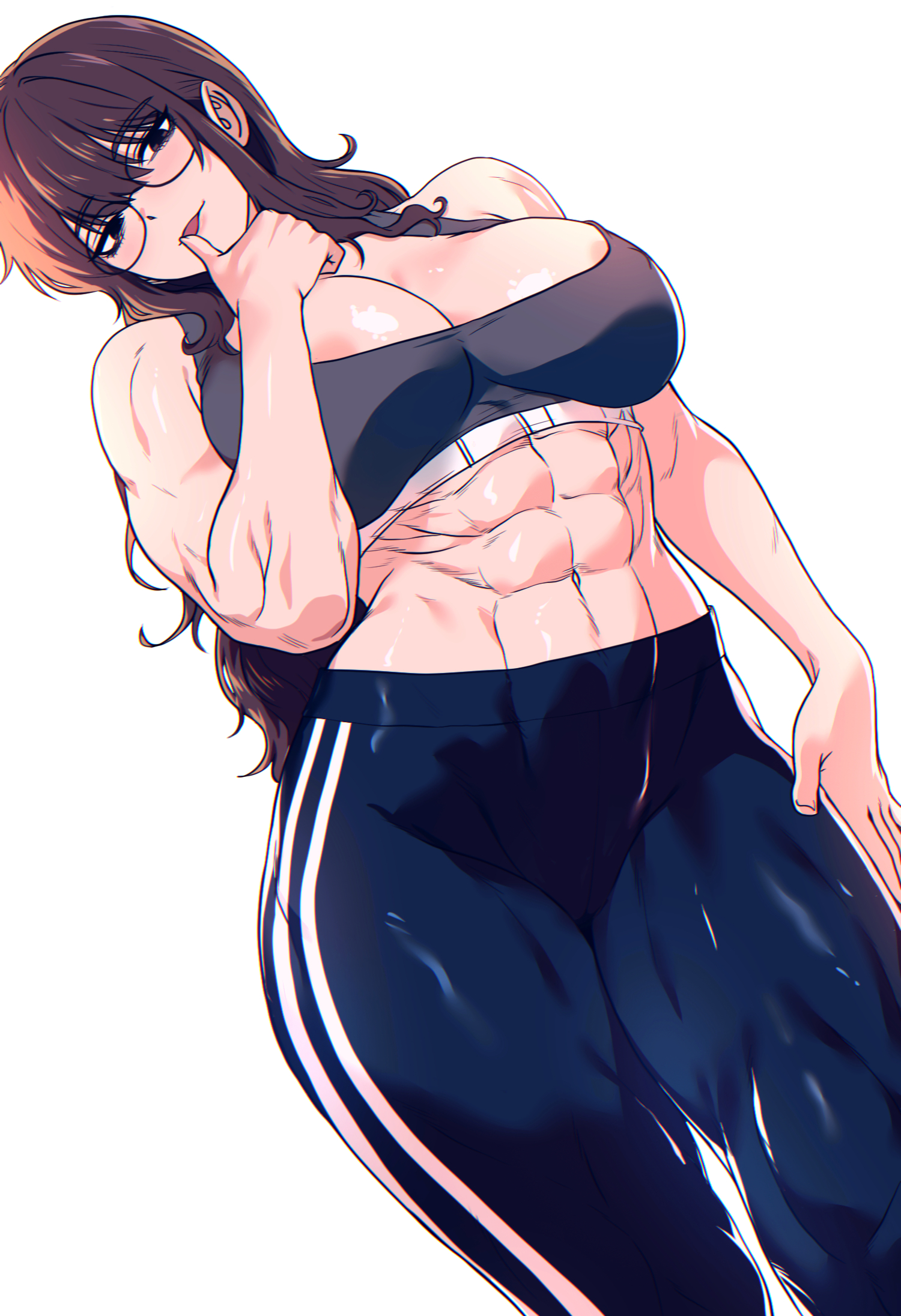 spoiledmuffin, original, commentary request, highres, korean commentary, 1girl, :p, abs, areola slip, bare shoulders, biceps, black eyes, black leggings, black sports bra, breasts, brown hair, cowboy shot, double vertical stripe, dutch angle, glasses, hand on own thigh, hand up, large breasts, leggings, licking, licking finger, long hair, looking at viewer, midriff, muscular, muscular female, navel, simple background, solo, sports bra, standing, tongue, tongue out, very long hair, white background