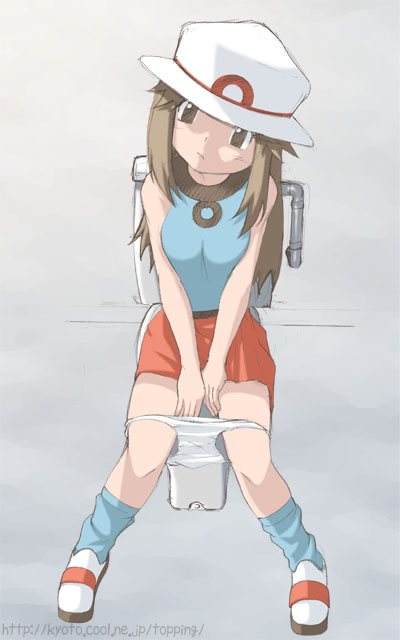 green (pokemon), nintendo, pokemon, brown eyes, brown hair, panties, panty pull, sitting, toilet, underwear, white panties