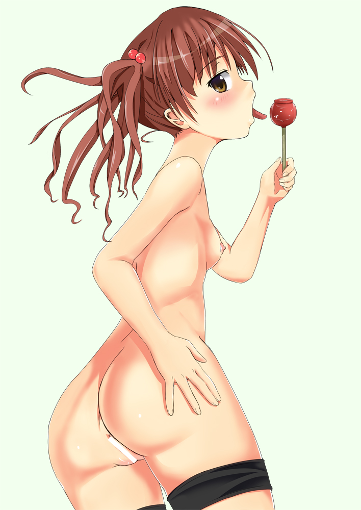hazuki natena, shirai kuroko, toaru kagaku no railgun, toaru majutsu no index, 00s, 1girl, ass, brown hair, censored, eating, female focus, licking, nude, solo, tongue, yellow eyes