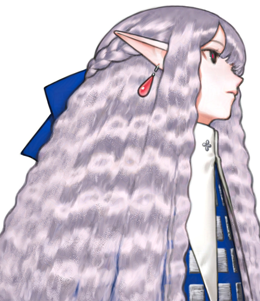 nizuma, original, commentary, english commentary, 1girl, braid, closed mouth, earrings, elf, expressionless, from side, grey hair, jewelry, long hair, pointy ears, profile, simple background, solo, white background