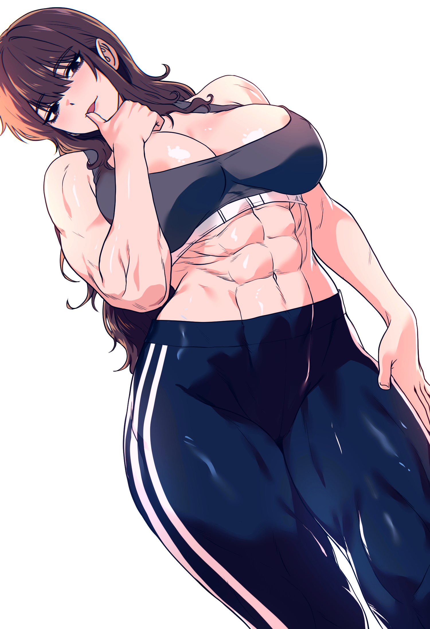 spoiledmuffin, original, commentary request, highres, korean commentary, 1girl, :p, abs, areola slip, bare shoulders, biceps, black eyes, black leggings, black sports bra, breasts, brown hair, cowboy shot, double vertical stripe, dutch angle, hand on own thigh, hand up, large breasts, leggings, licking, licking finger, long hair, looking at viewer, midriff, muscular, muscular female, navel, simple background, solo, sports bra, standing, tongue, tongue out, very long hair, white background