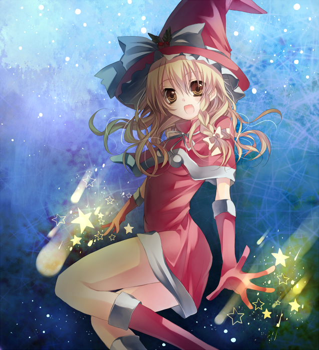 tsukioka tsukiho, kirisame marisa, touhou, bad id, bad pixiv id, 1girl, blonde hair, braid, christmas, dress, female focus, gradient background, hat, santa costume, side braid, snowing, solo