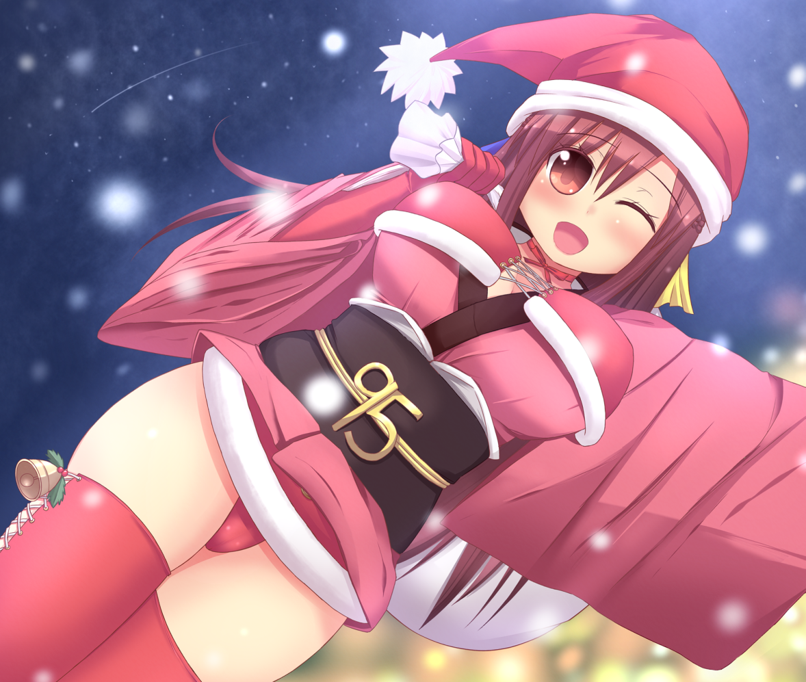 toki (tokinokogiri), tokinokogiri, 95-tan, os-tan, 1girl, brown hair, christmas, female focus, japanese clothes, kimono, one eye closed, panties, pantyshot, santa costume, snow, solo, thighhighs, underwear, upskirt, wink