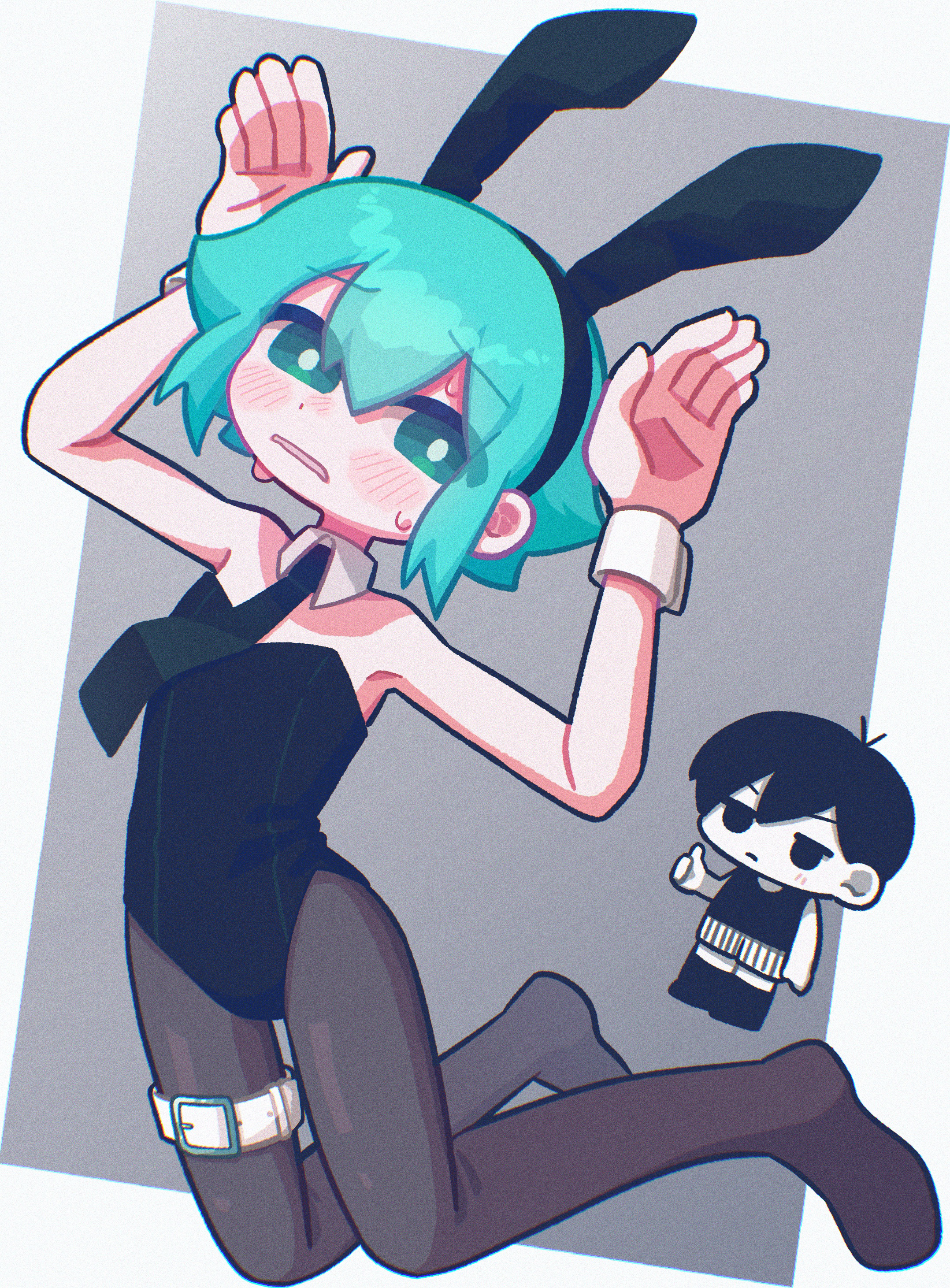 yksm oe, basil (headspace) (omori), basil (omori), omori (omori), omori, absurdres, commentary request, highres, 2boys, alternate costume, animal ear hairband, animal ears, antenna hair, arms up, bare shoulders, black eyes, black hair, black hairband, black leotard, black necktie, black pantyhose, black shorts, black socks, black tank top, blush, bright pupils, chibi, closed mouth, colored skin, crossdressing, crossdressing (mtf), double-parted bangs, fake animal ears, green eyes, green hair, hair between eyes, hairband, kneehighs, leotard, looking at another, looking at viewer, male focus, male playboy bunny, multiple boys, necktie, pantyhose, parted lips, rabbit ear hairband, rabbit ears, short hair, shorts, sidelocks, socks, striped clothes, striped shorts, sweat, tank top, thumbs up, two-tone shorts, vertical-striped clothes, vertical-striped shorts, white pupils, white shorts, white skin, white wrist cuffs, wrist cuffs