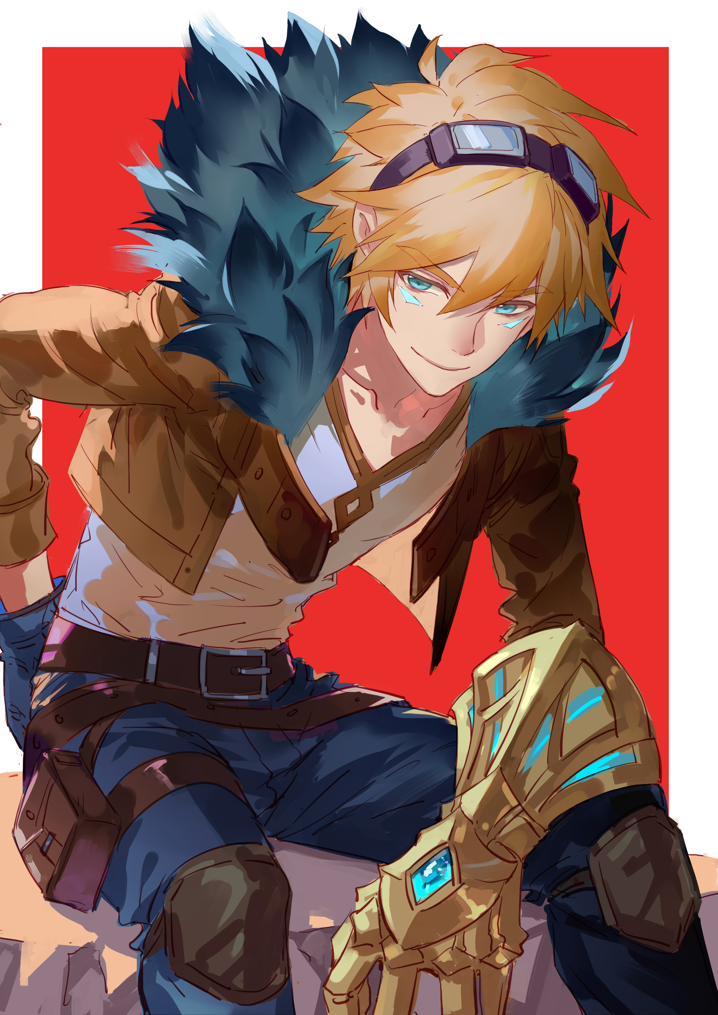 yinglingshang, ezreal, league of legends, absurdres, chinese commentary, commentary request, highres, 1boy, belt, blonde hair, blue eyes, facial mark, fur trim, gauntlets, gloves, goggles, goggles on head, jacket, knee pads, male focus, pants, shirt, simple background, sitting, smile, thigh belt, thigh strap