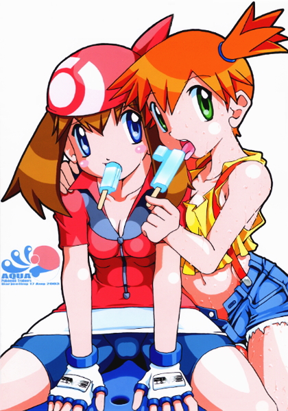 may (pokemon), misty (pokemon), nintendo, pokemon, artist request, bike shorts, food, midriff, popsicle, suspenders, yuri