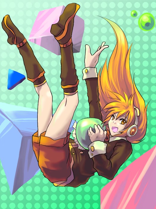 fuuga koto, utau, 1girl, boots, falling, female focus, full body, headphones, matching hair/eyes, orange eyes, orange hair, shorts, socks, solo, striped clothes, striped socks