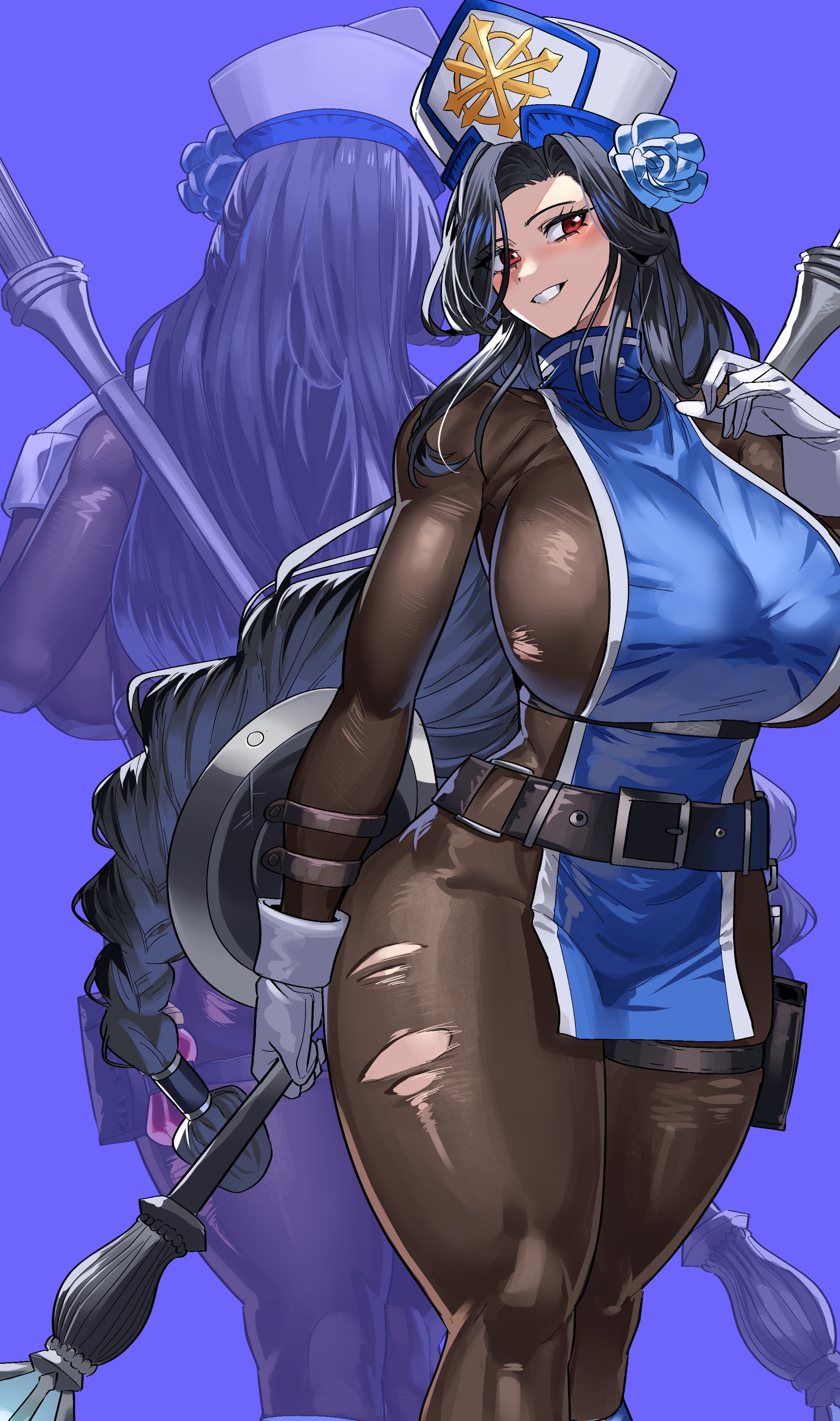 gamjasssak, maiden (ice rose) (nikke), maiden (nikke), goddess of victory: nikke, absurdres, commentary request, highres, korean commentary, 1girl, belt, black belt, black bodysuit, black hair, blue background, blue flower, blue rose, blue tabard, blush, bodystocking, bodysuit, braid, braided ponytail, breasts, curtained hair, curvy, feet out of frame, flower, gloves, grin, hair flower, hair ornament, hat, holding, holding staff, huge breasts, long hair, looking at viewer, low-braided long hair, low-tied long hair, mitre, official alternate costume, parted bangs, red eyes, rose, simple background, smile, solo, staff, standing, tabard, thick thighs, thighs, torn bodystocking, torn bodysuit, torn clothes, very long hair, white gloves, white hat