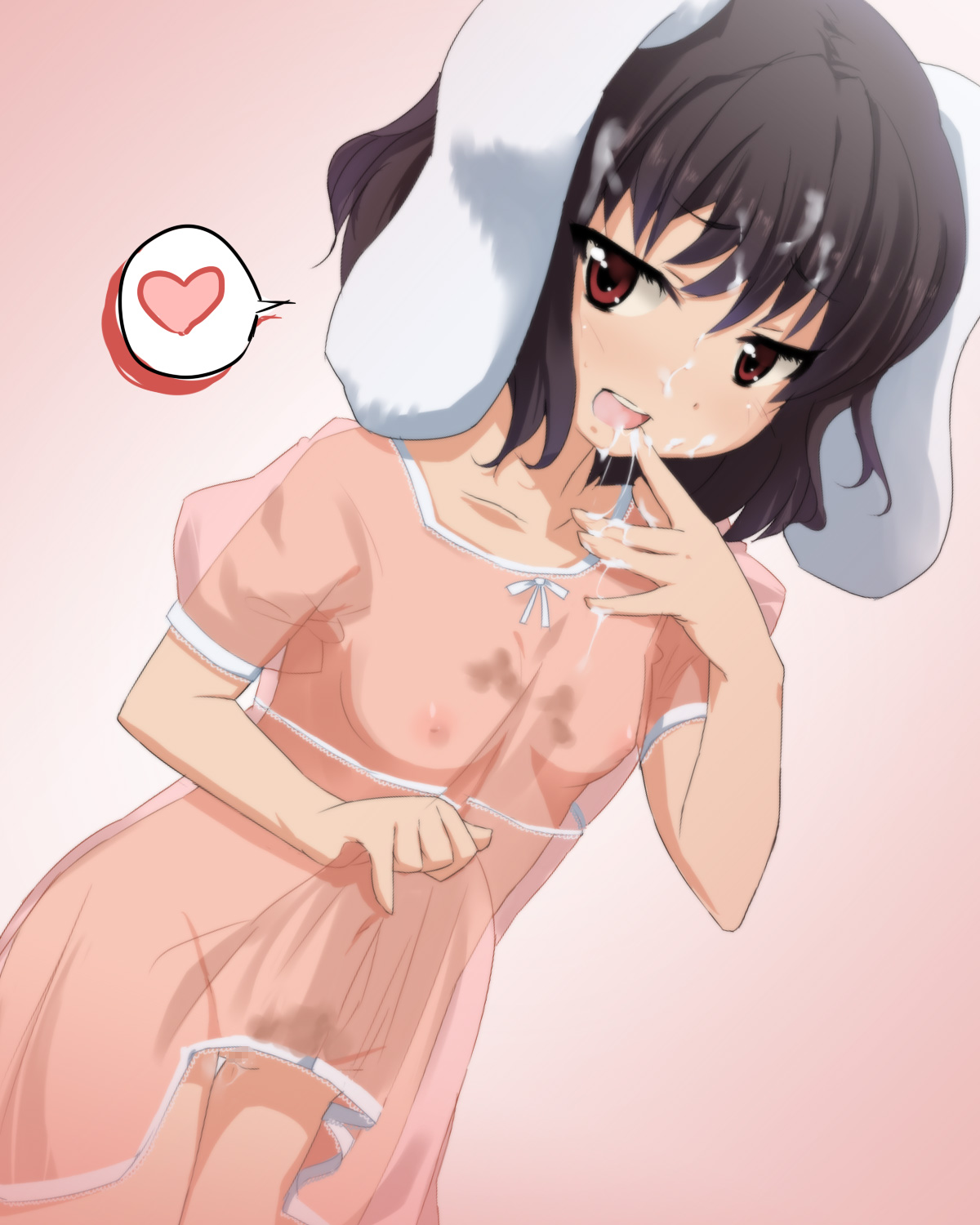 h@ll, inaba tewi, touhou, bad id, bad pixiv id, highres, 1girl, animal ears, breasts, censored, clothes lift, cum, cum on body, cum on fingers, dress, dress lift, facial, female focus, heart, loli, navel, nipples, no bra, no panties, open mouth, pinky out, pussy, rabbit ears, see-through clothes, skirt, skirt lift, small breasts, solo