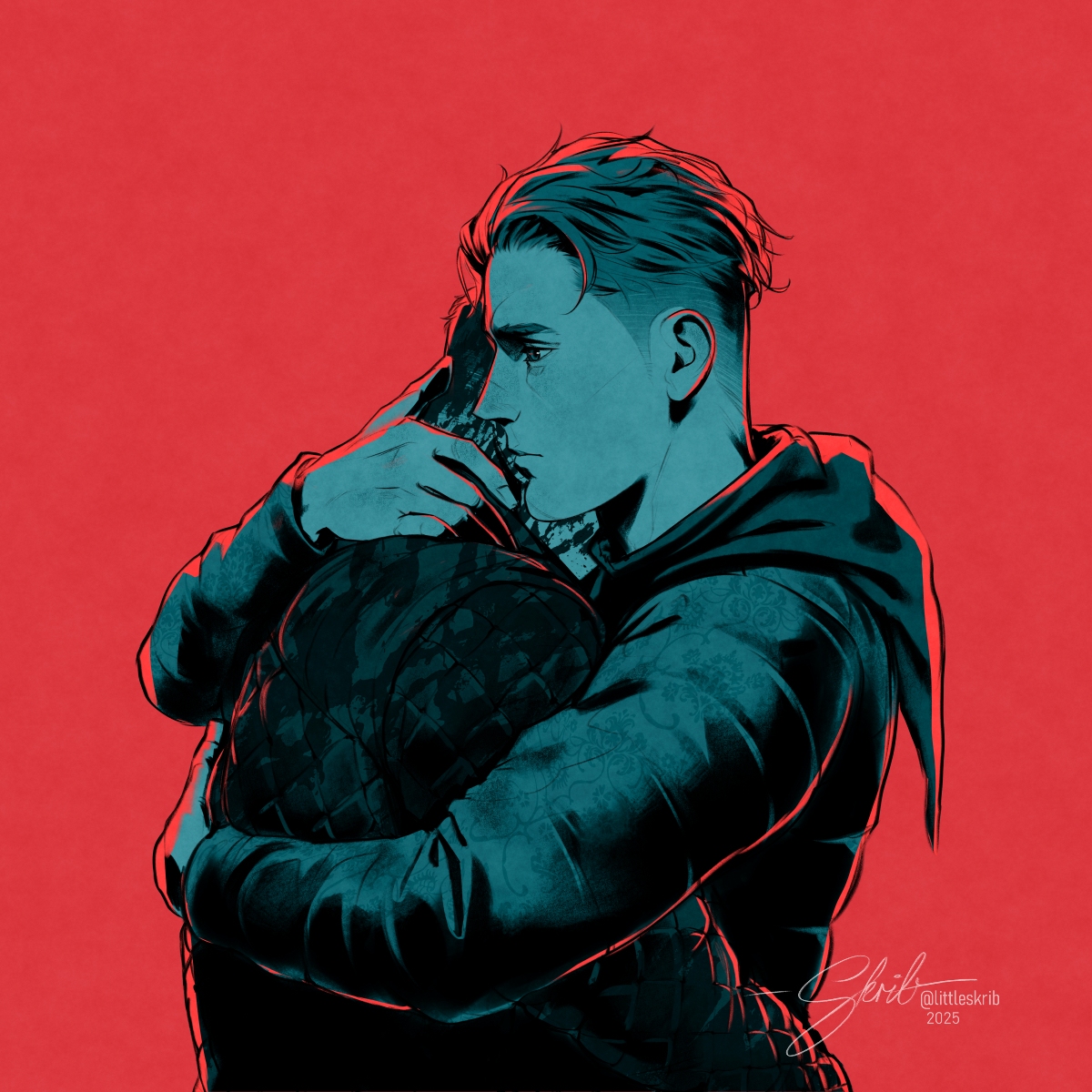 littleskrib, hans capon, henry of skalitz, kingdom come: deliverance ii, alt text, commentary, english commentary, highres, 2boys, closed mouth, from side, frown, greyscale with colored background, hood, hug, long sleeves, male focus, multiple boys, red background, short hair, short sideburns, sideburns, signature, upper body