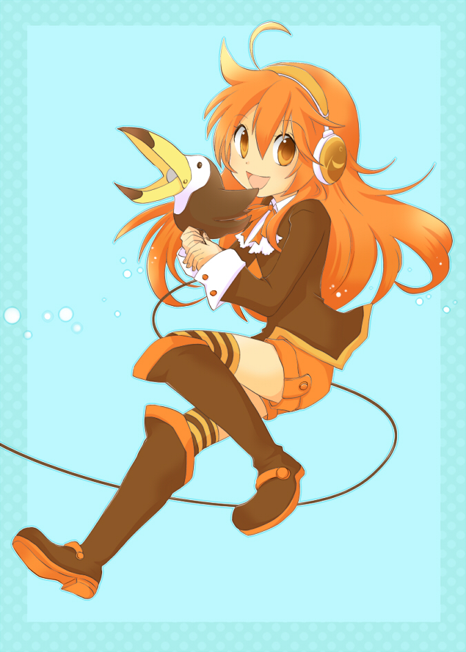 matsyumaro, fuuga koto, utau, bad id, bad pixiv id, 1girl, ahoge, bird, boots, female focus, full body, headphones, matching hair/eyes, orange eyes, orange hair, shorts, socks, solo, striped clothes, striped socks, striped thighhighs, thighhighs, toucan