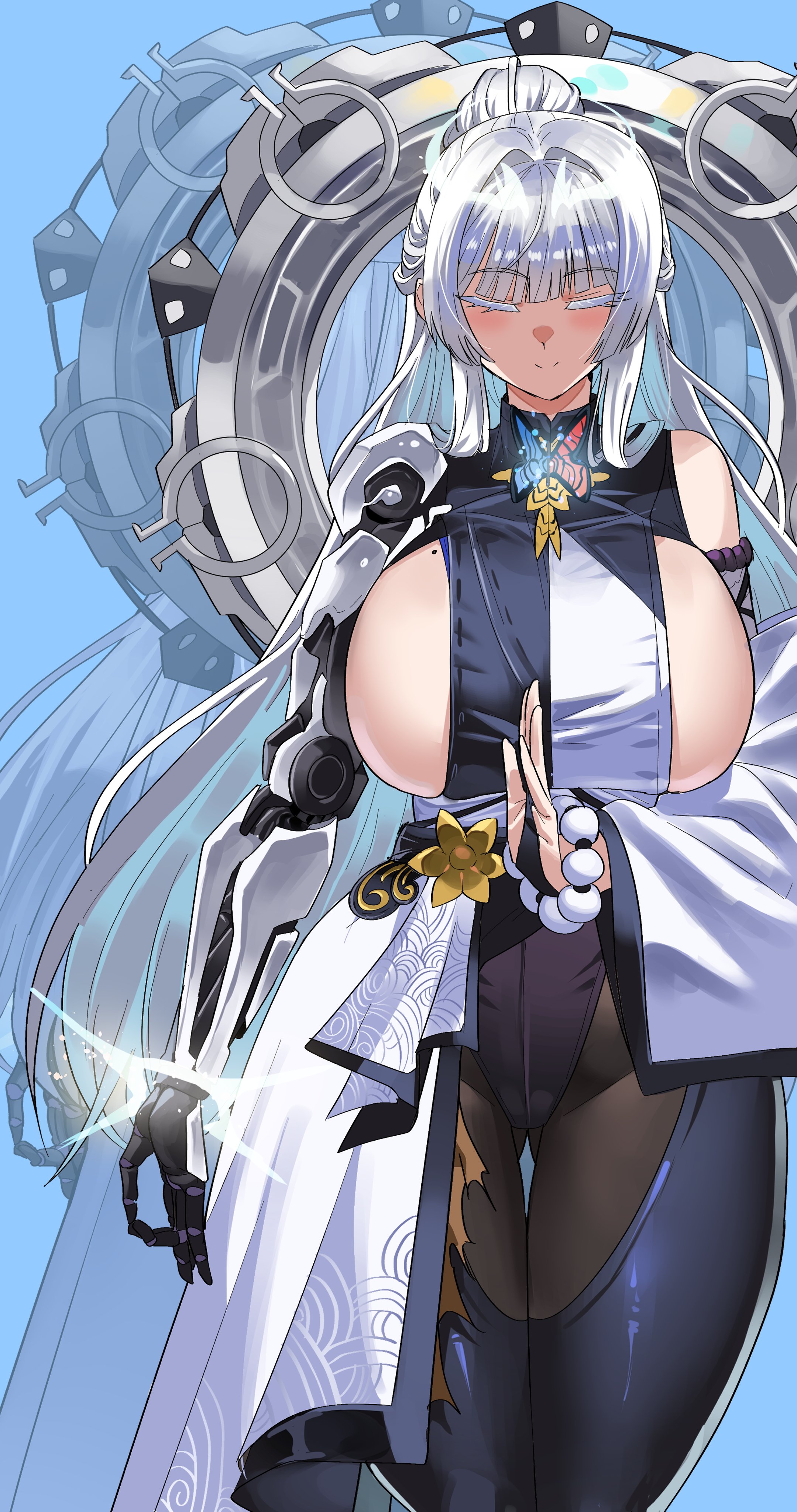 gamjasssak, nayuta (nikke), goddess of victory: nikke, absurdres, commentary request, highres, korean commentary, 1girl, abhaya mudra, bead bracelet, beads, black bodysuit, black pantyhose, blue background, blush, bodysuit, bracelet, breasts, butterfly brooch, closed eyes, closed mouth, colored eyelashes, cowboy shot, detached sleeves, facing viewer, gluteal fold, hair bun, halo, huge breasts, jewelry, long hair, mechanical arms, mole, mole on breast, multicolored bodysuit, pantyhose, prayer beads, sideboob, sidelocks, simple background, single detached sleeve, single mechanical arm, single wide sleeve, smile, solo, split-color clothes, standing, thick eyelashes, thigh gap, two-tone bodysuit, white bodysuit, white eyelashes, white hair