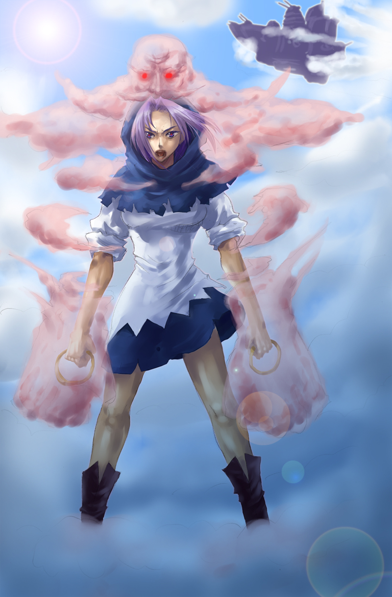 chachami ashu, chami (pixiv216864), kumoi ichirin, unzan, touhou, hoop, highres, >:o, 1girl, :o, angry, blue eyes, blue hair, boots, bracelet, clenched hand, cloud, day, glowing, glowing eyes, hood, jewelry, palanquin ship, ring, short hair, skirt, sky, sleeves rolled up, v-shaped eyebrows