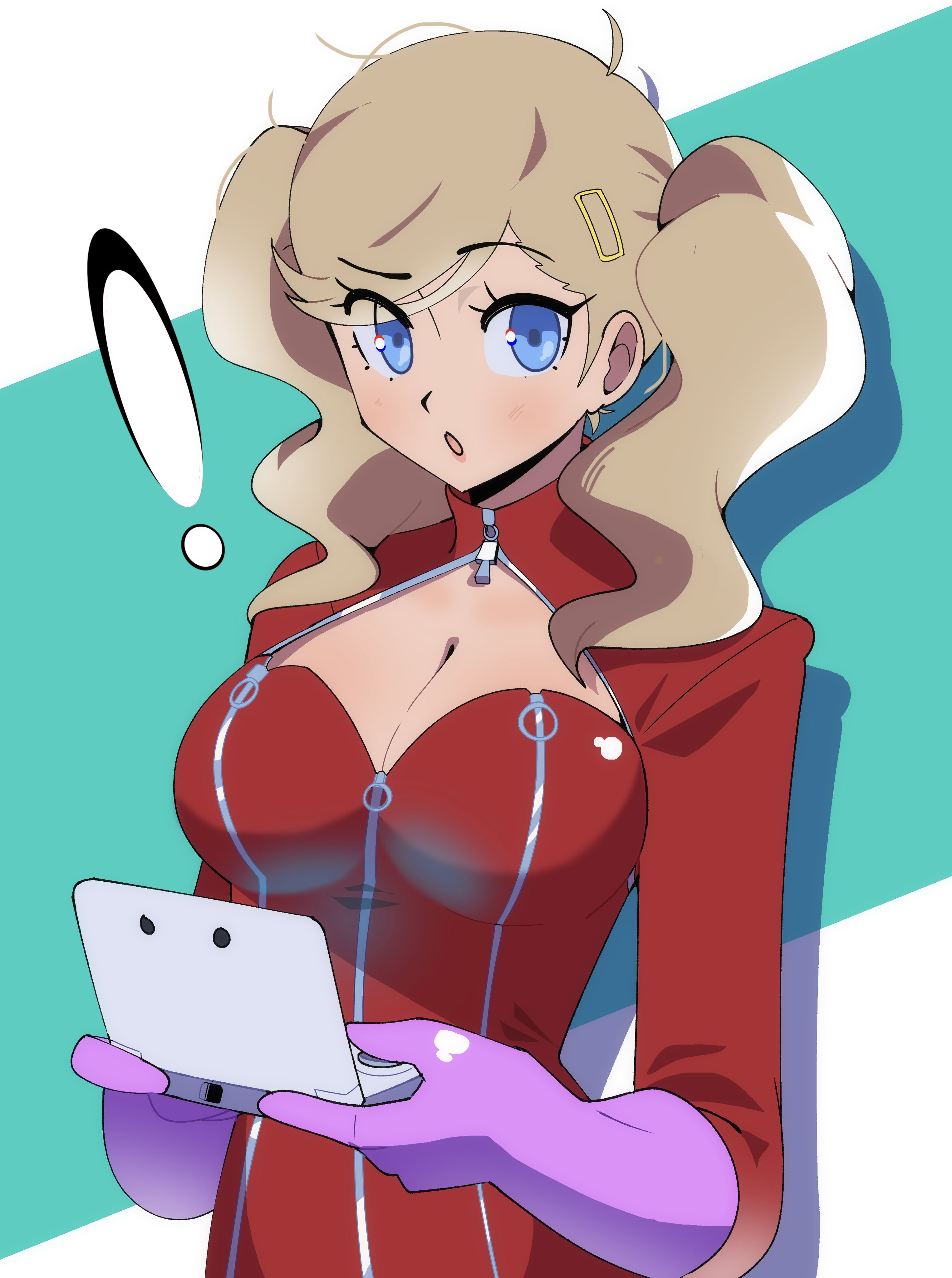 gjh, takamaki anne, persona, persona 5, absurdres, highres, !, 1girl, :o, ahoge, blonde hair, blue eyes, bodysuit, breasts, cleavage, gloves, hair ornament, hairclip, handheld game console, holding, holding handheld game console, large breasts, looking at viewer, purple gloves, red bodysuit, solo, twintails, upper body