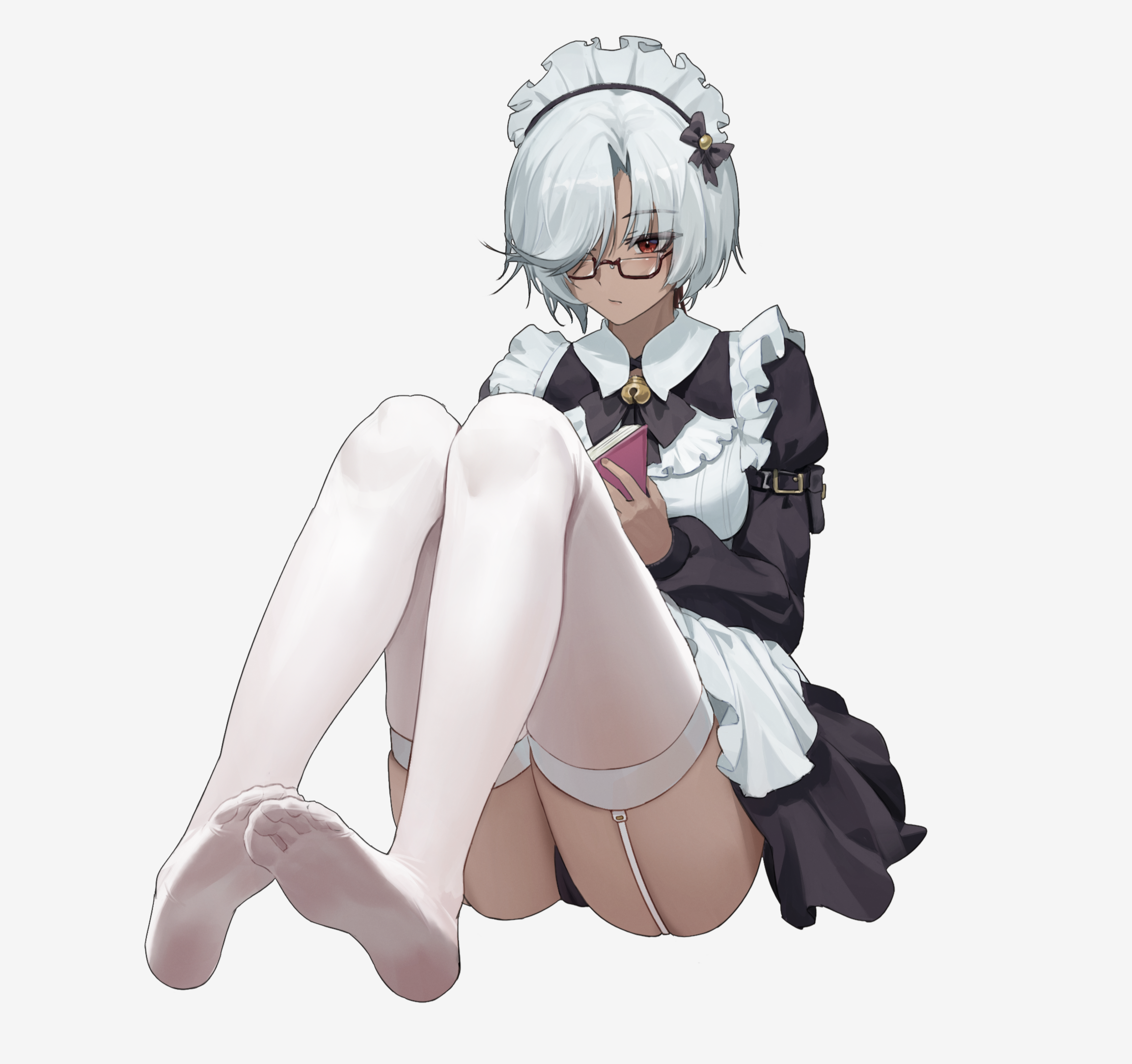 a kite (akitee), original, chinese commentary, commentary request, highres, 1girl, apron, arm belt, bell, black bow, black bowtie, black dress, black panties, book, bow, bowtie, breasts, closed mouth, collared dress, dark-skinned female, dark skin, dress, feet, foot focus, garter straps, glasses, grey hair, hair over one eye, holding, holding book, jingle bell, knees up, long sleeves, maid, maid apron, maid headdress, medium breasts, neck bell, no shoes, one eye covered, open book, panties, pantyshot, reading, red-framed eyewear, red eyes, semi-rimless eyewear, short hair, simple background, sitting, soles, solo, thighhighs, toes, under-rim eyewear, underwear, white apron, white background, white thighhighs