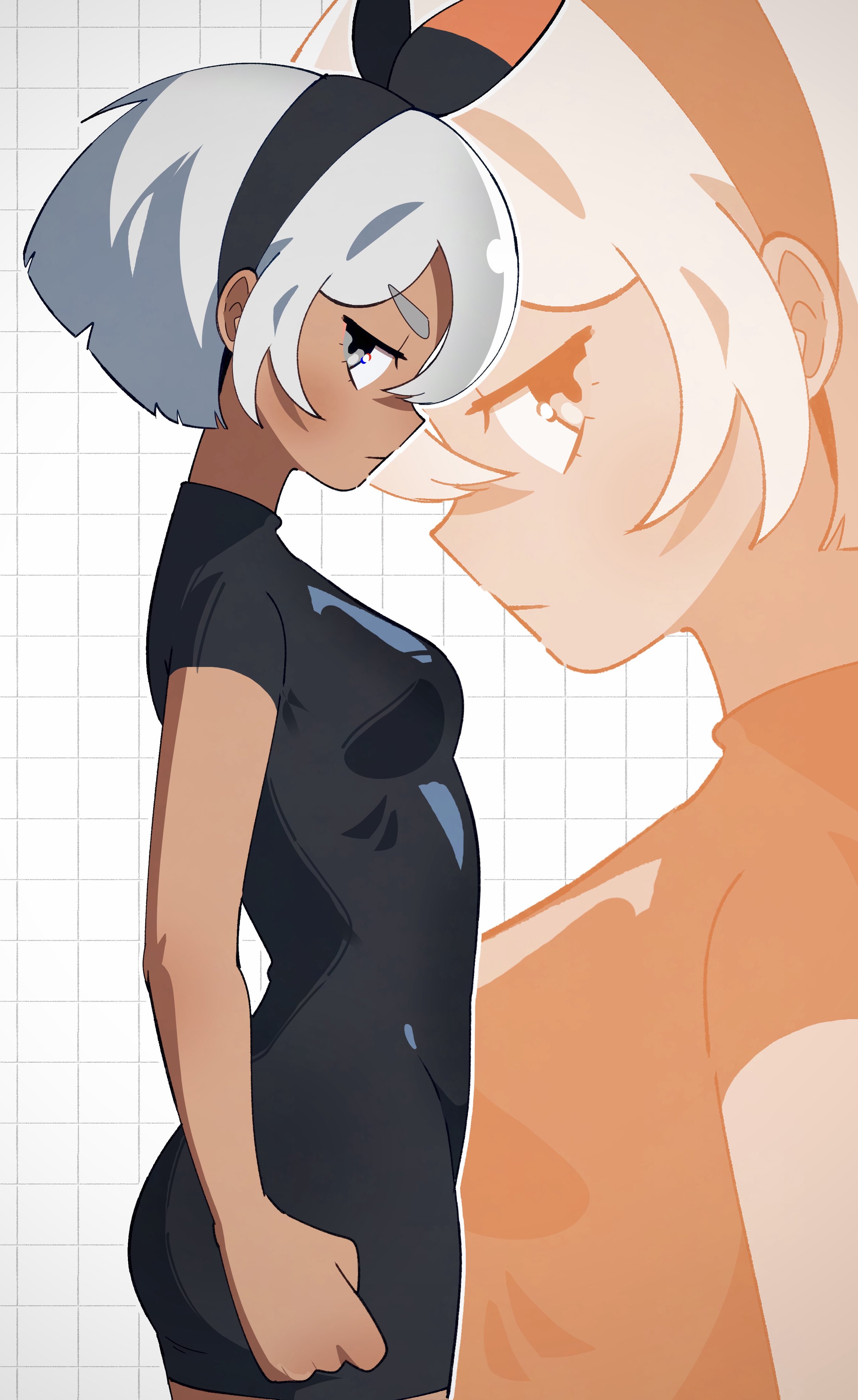 gjh, bea (pokemon), nintendo, pokemon, pokemon swsh, absurdres, commentary, english commentary, highres, 1girl, black bodysuit, black hairband, bob cut, bodysuit, bow hairband, clenched hand, closed mouth, dark-skinned female, dark skin, from side, grey eyes, grey hair, hairband, looking at viewer, short hair, short sleeves, sideways glance, zoom layer