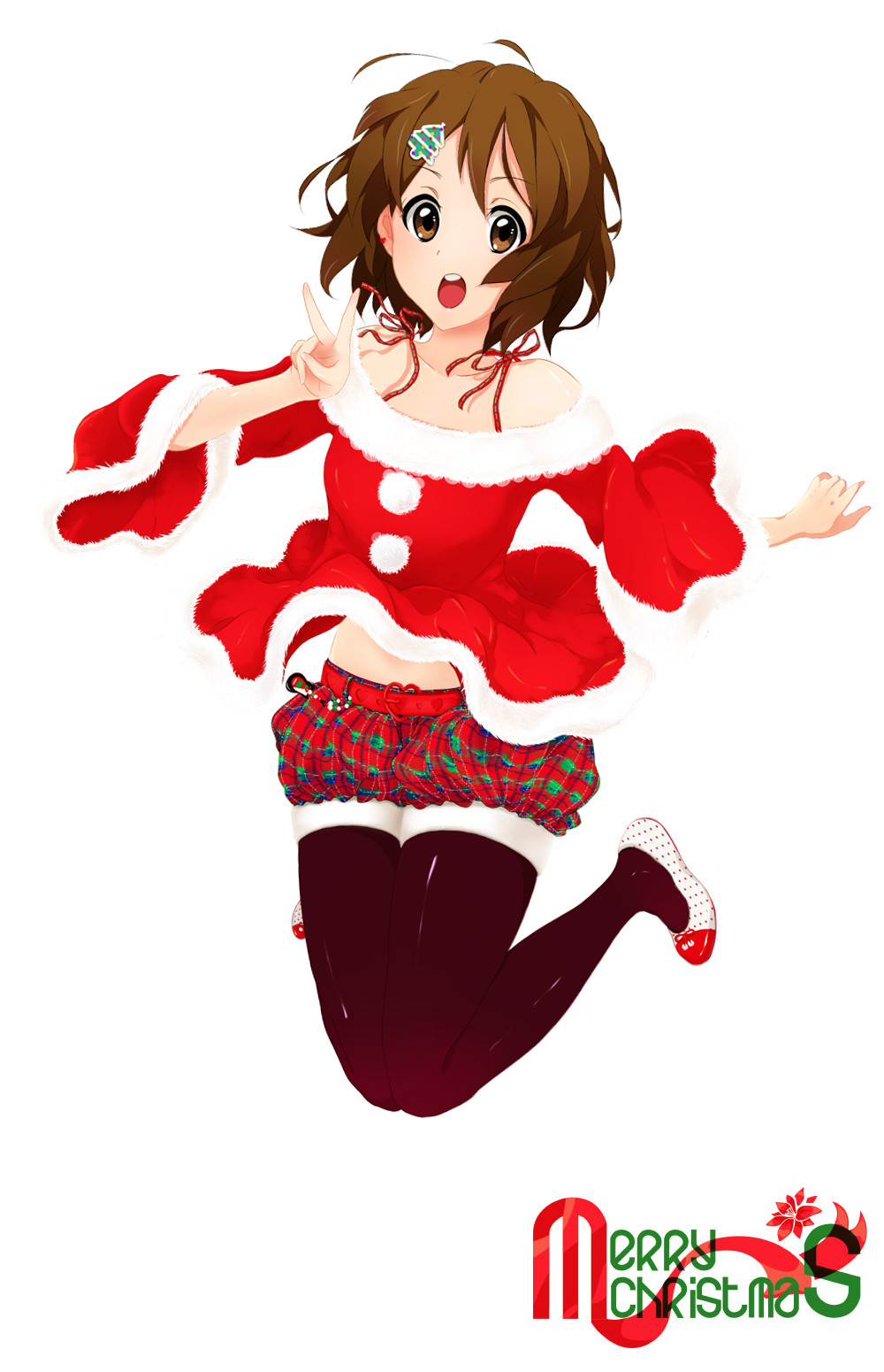 rokujou jun, hirasawa yui, k-on!, highres, 00s, 1girl, brown eyes, brown hair, christmas, female focus, jumping, latex, legs, open mouth, pantyhose, round teeth, short hair, solo, teeth, thighhighs, v