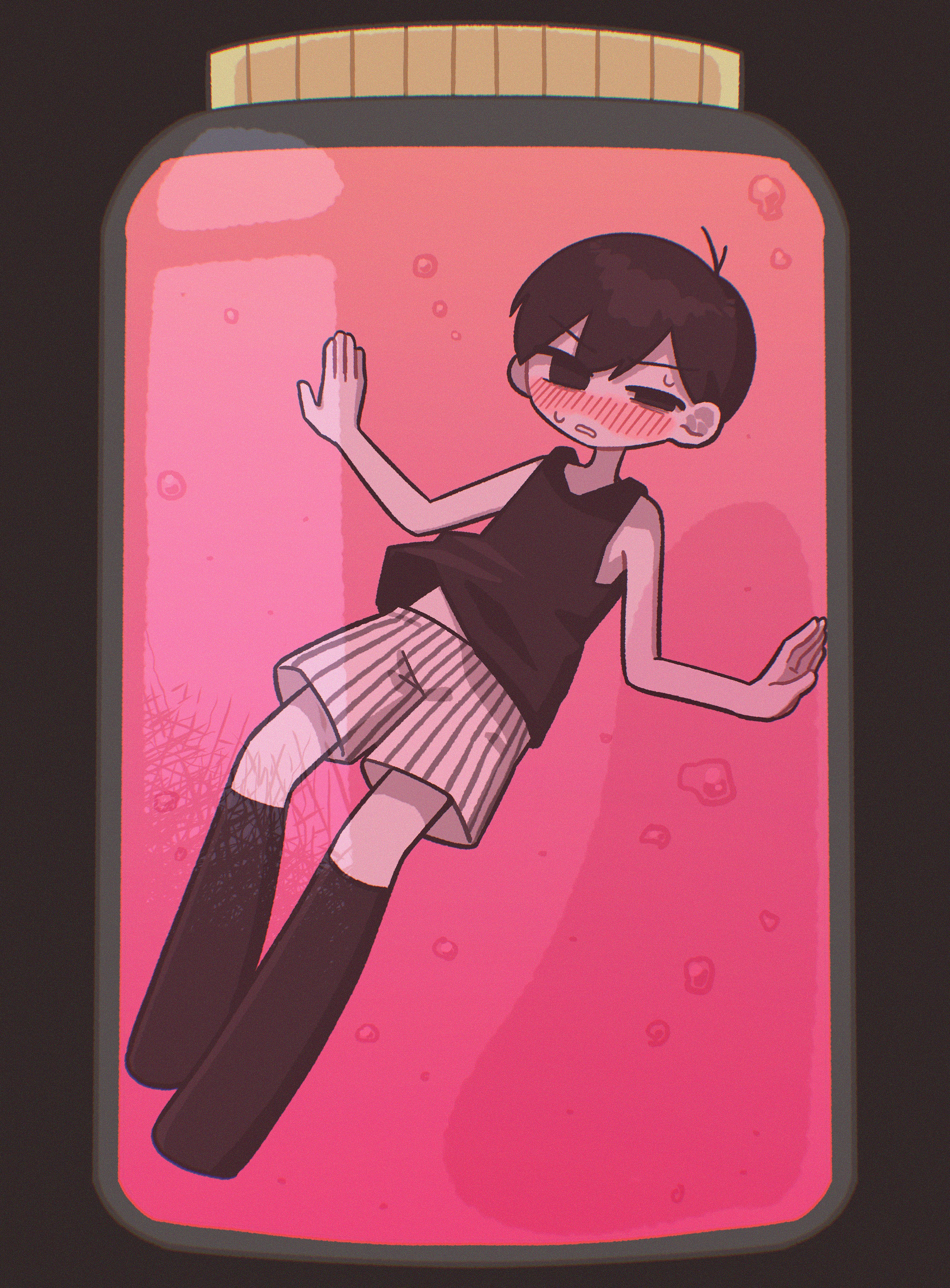 yksm oe, omori (omori), omori, absurdres, commentary request, highres, 1boy, air bubble, antenna hair, black eyes, black hair, black shorts, black socks, black tank top, blush, brown background, bubble, colored skin, double-parted bangs, full body, hair between eyes, jar, kneehighs, looking at viewer, male focus, parted lips, short hair, shorts, simple background, socks, solo, striped clothes, striped shorts, sweat, tank top, two-tone shorts, vertical-striped clothes, vertical-striped shorts, white shorts, white skin