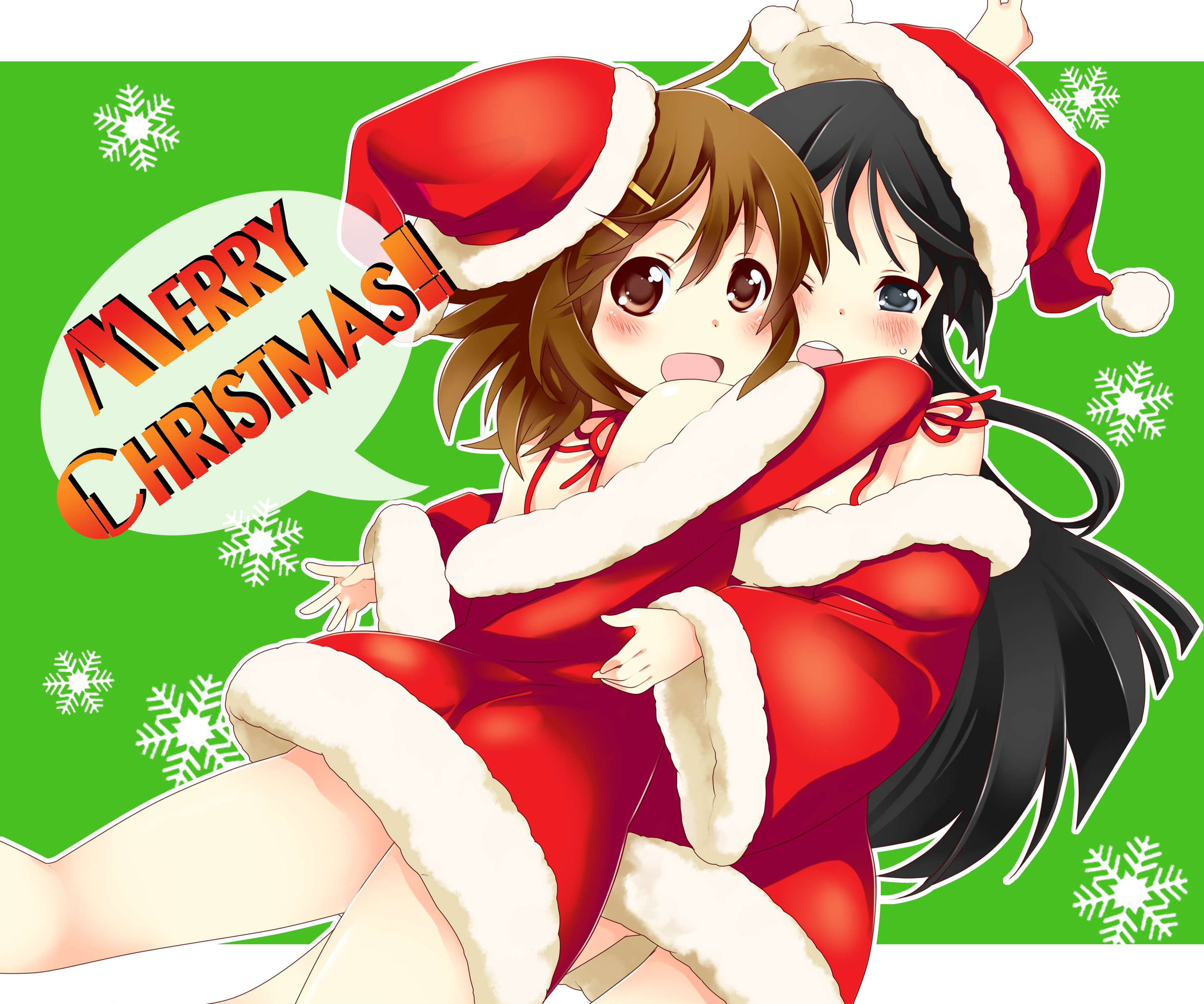 mitsuki meia, akiyama mio, hirasawa yui, k-on!, absurdres, highres, 00s, 2girls, black eyes, black hair, brown eyes, brown hair, hat, hug, long hair, multiple girls, santa costume, santa hat, short hair, wink