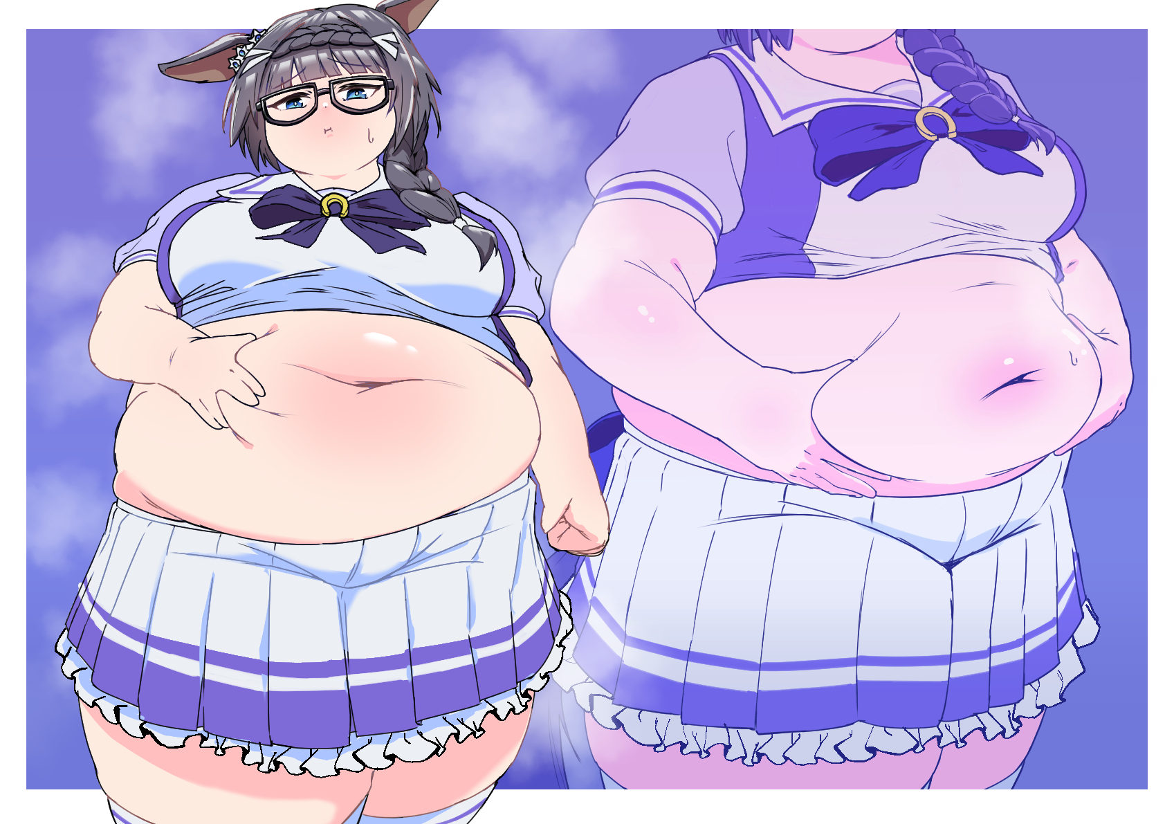 rrrrrrrchichichichichichinore, zenno rob roy (umamusume), umamusume, commission, skeb commission, 1girl, animal ears, belly, belly grab, big belly, black-framed eyewear, black hair, blue background, blue bow, blue bowtie, blue eyes, bow, bowtie, braid, breasts, crown braid, fat, fat woman, frilled skirt, frills, glasses, hair ornament, hair over shoulder, hands on own stomach, horse ears, horse girl, horse tail, horseshoe ornament, medium breasts, medium hair, midriff, navel, pout, school uniform, side braid, skirt, solo, sweat, tail, thick thighs, thighhighs, thighs, tight clothes, tracen school uniform, white skirt