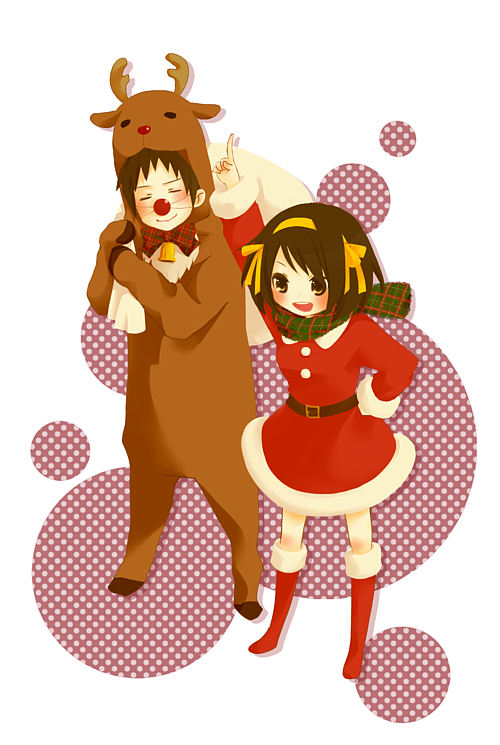 moffunnyo, kyon, suzumiya haruhi, suzumiya haruhi no yuuutsu, bad id, bad pixiv id, 00s, 1boy, 1girl, animal costume, animal ears, brown hair, christmas, hair ribbon, rabbit ears, reindeer, ribbon, sack, santa costume, scarf, short hair