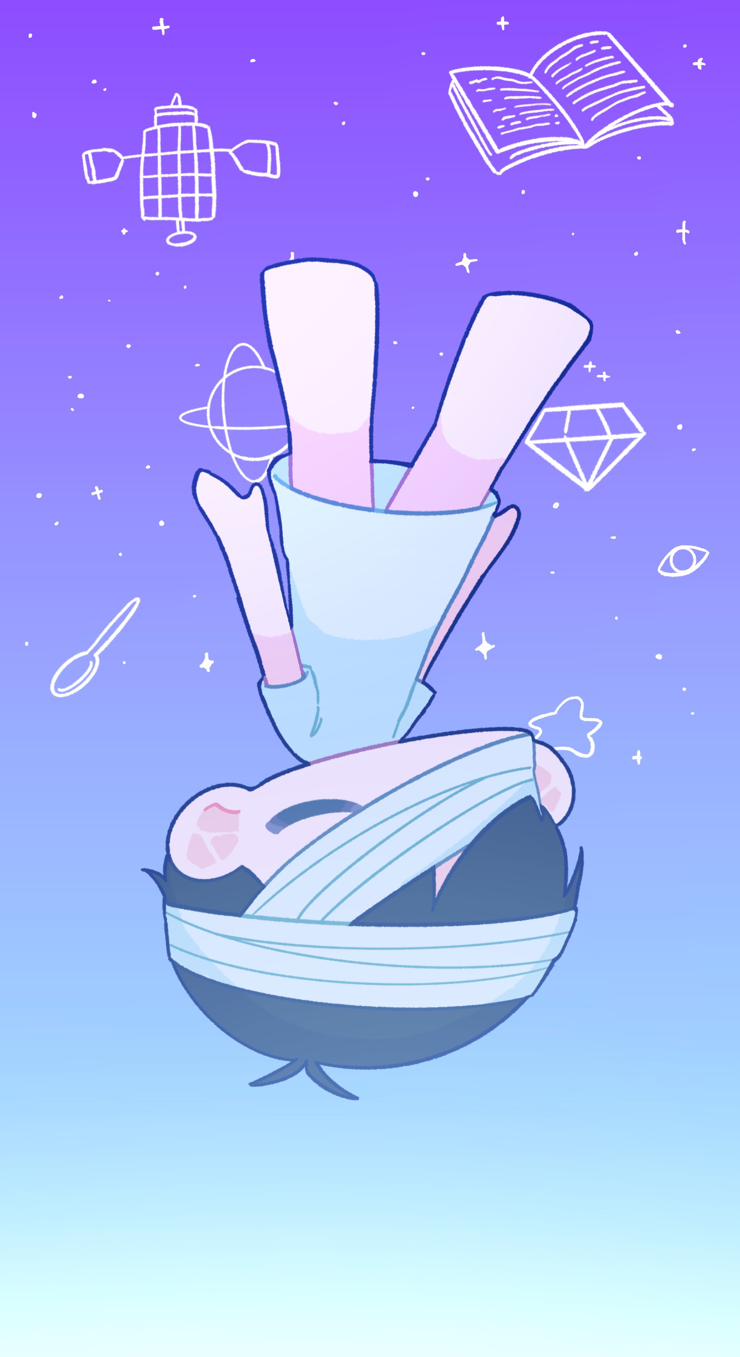 yksm oe, sunny (hospital gown) (omori), sunny (omori), omori, absurdres, commentary request, highres, spoilers, 1boy, antenna hair, bandaged head, bandages, barefoot, black hair, chibi, chibi only, closed eyes, eyepatch, hospital gown, male focus, medical eyepatch, purple sky, short hair, short sleeves, sky, solo, upside-down