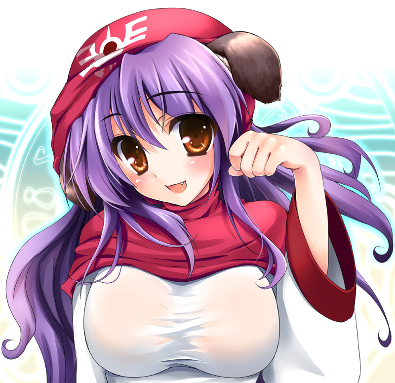 bankoku ayuya, princess of moonbrook, chunsoft, dragon quest, dragon quest ii, enix, 1980s (style), 1girl, animal ears, blush, breasts, brown eyes, dog ears, fang, female focus, hat, hood, magic circle, oldschool, purple hair, shirt, solo, taut clothes, taut shirt