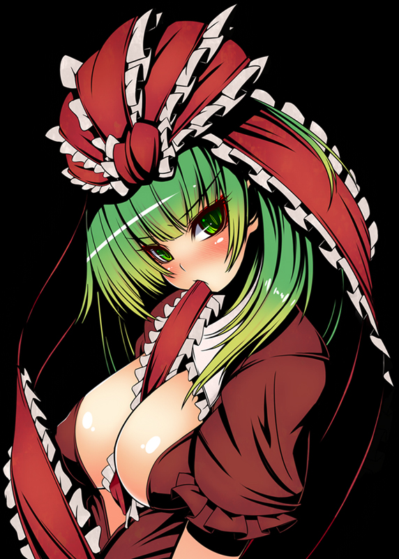 suzuneko (yume no kyoukai), kagiyama hina, touhou, 1girl, between breasts, breasts, cleavage, female focus, green eyes, green hair, hair ribbon, large breasts, matching hair/eyes, mouth hold, ribbon, short hair, solo