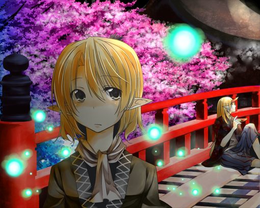 safai, hoshiguma yuugi, mizuhashi parsee, touhou, bad id, bad pixiv id, 2girls, blonde hair, bow, bridge, cherry blossoms, cup, female focus, flower, glowing, hair bow, horns, jacket, jacket on shoulders, legs, long hair, looking back, looking up, multiple girls, pointy ears, profile, sakazuki, scarf, short hair, single horn, sitting, tree