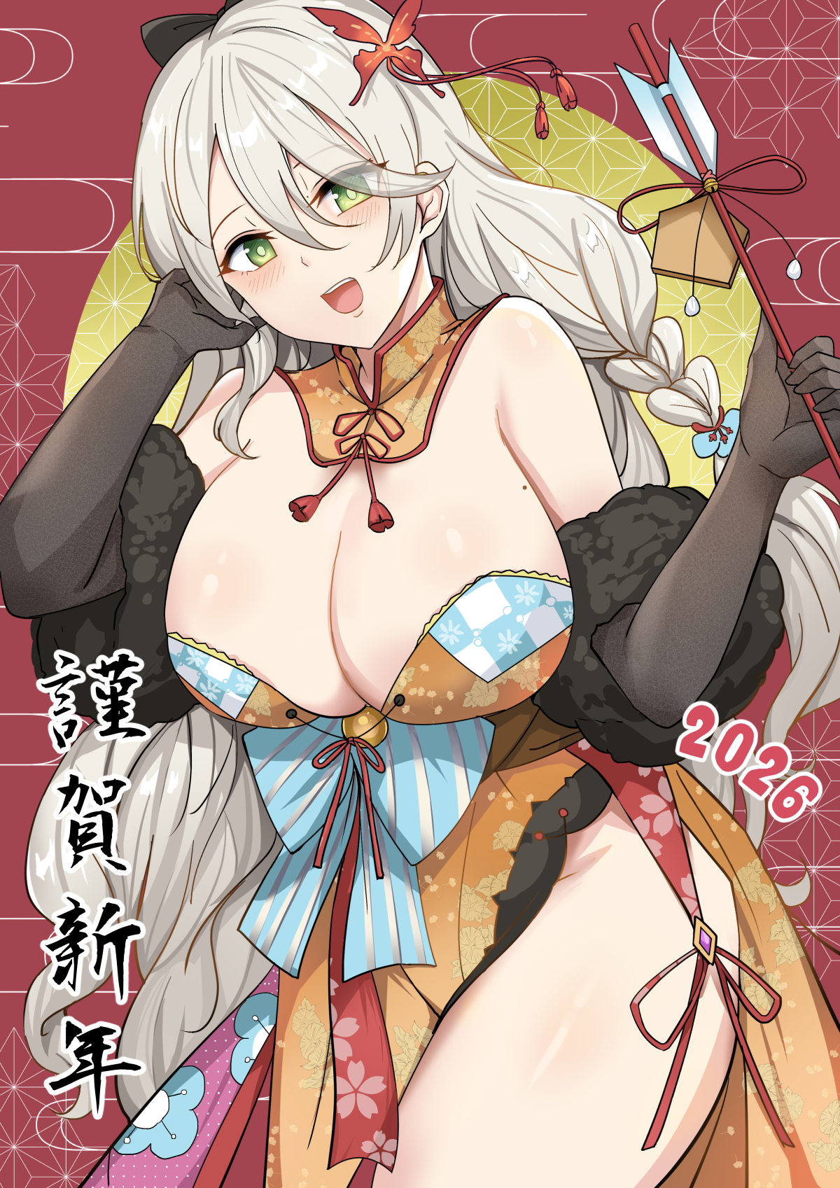 yougenko, original, commentary request, highres, 1girl, 2026, :d, arrow (projectile), bare shoulders, bell, black bow, black gloves, blue bow, blush, bow, braid, breasts, butterfly hair ornament, cleavage, cowboy shot, detached collar, elbow gloves, ema, eyes visible through hair, fur-trimmed gloves, fur trim, gloves, grey background, hair between eyes, hair bow, hair ornament, hair over one eye, hamaya, happy new year, japanese clothes, jingle bell, kimono, large breasts, long hair, looking at viewer, mole, mole on breast, new year, open mouth, orange kimono, pelvic curtain, red background, red ribbon, ribbon, side braid, smile, solo, strapless kimono, tassel, teeth, upper teeth only, very long hair