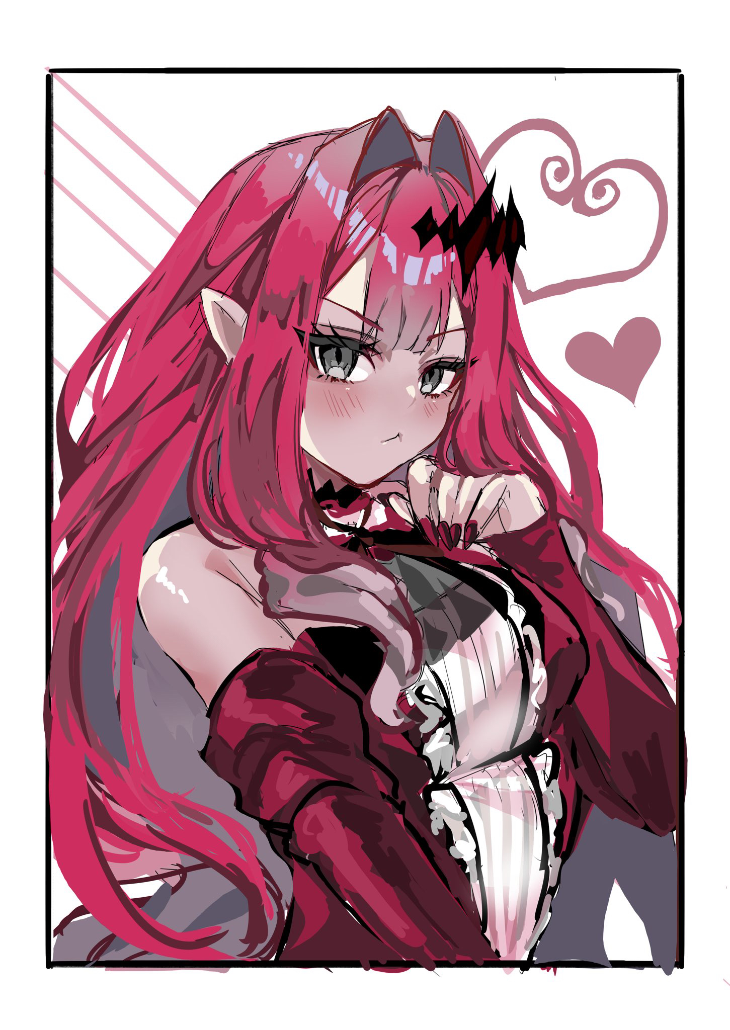 kandatu, baobhan sith (fate), baobhan sith (first ascension) (fate), fate/grand order, fate (series), commentary request, highres, 1girl, blush, detached sleeves, dress, frilled dress, frills, grey eyes, hair ornament, long hair, looking at viewer, pink hair, red dress, sidelocks, solo