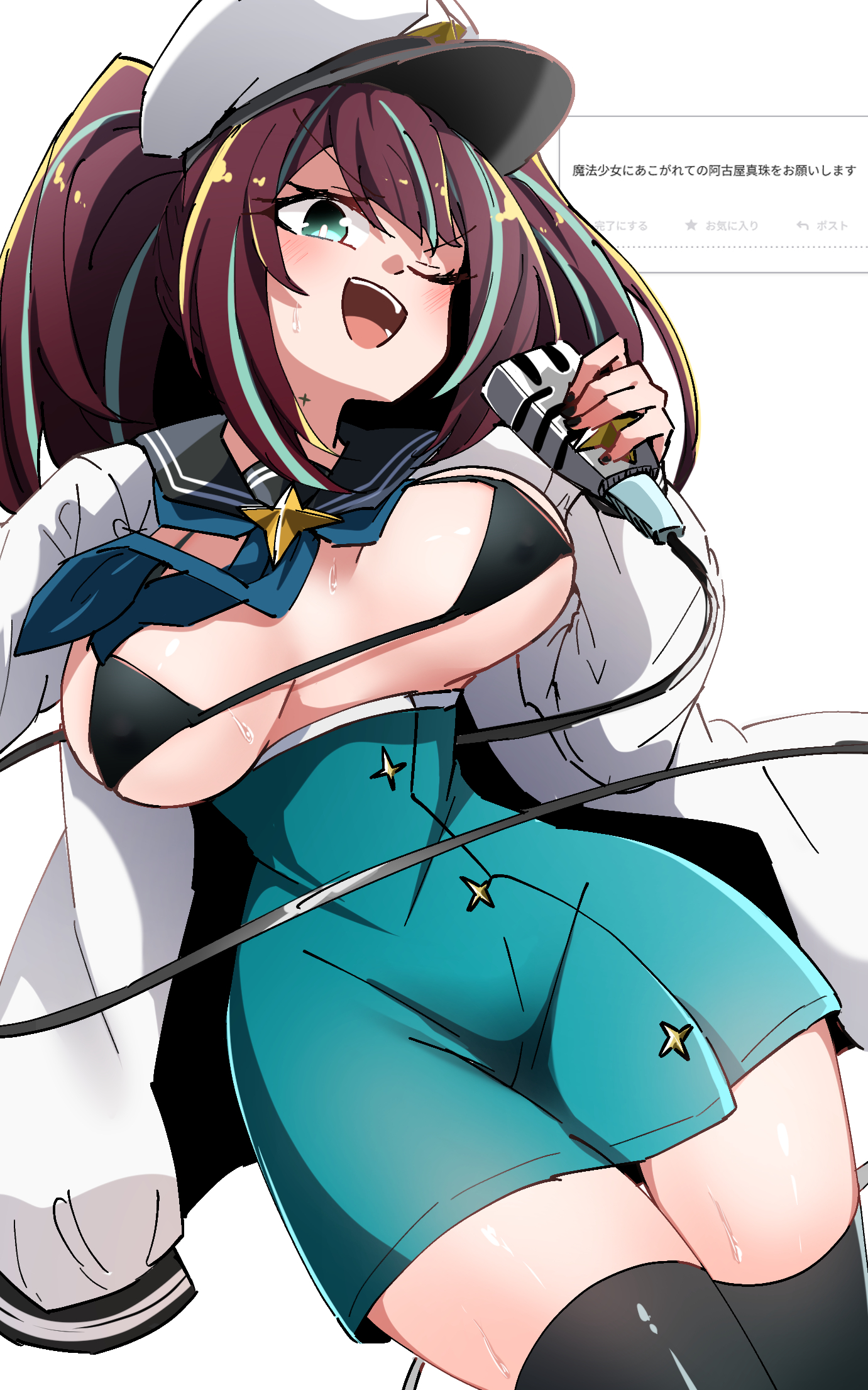 caseee999, akoya matama, loco musica, mahou shoujo ni akogarete, commentary request, highres, bikini, bikini top only, black bikini, black nails, black thighhighs, blue skirt, blue streaks, breasts, brown hair, hat, holding, holding microphone, large breasts, looking at viewer, medium hair, microphone, nail polish, open mouth, shirt, skirt, smile, solo, swimsuit, thighhighs, white hat, white shirt, zettai ryouiki