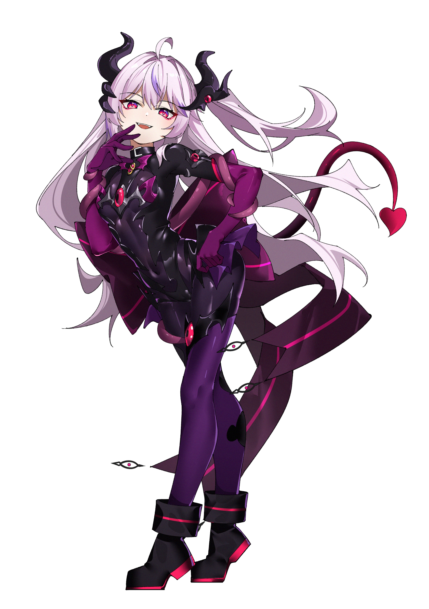 original, absurdres, commentary request, highres, 1033744468, 1girl, ahoge, black bodysuit, bodysuit, breasts, covered navel, dark persona, demon girl, demon horns, demon tail, elbow gloves, full body, gloves, horns, latex, latex bodysuit, long hair, looking at viewer, magical girl, multicolored hair, pink hair, purple gloves, purple hair, purple thighhighs, red eyes, side ponytail, small breasts, solo, standing, streaked hair, tail, teeth, tentacles, thighhighs, tiptoes, two-tone hair, upper teeth only, very long hair, white background