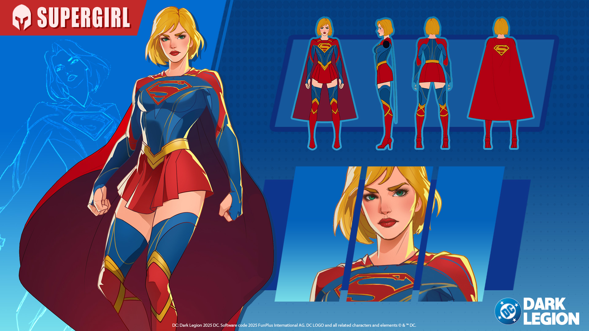 supergirl, dc comics, commentary, english commentary, highres, official art, 1girl, aqua eyes, blonde hair, blue shirt, blue thighhighs, boots, breasts, cape, dc: dark legion, full body, high heel boots, high heels, knee boots, long sleeves, medium hair, miniskirt, red boots, red cape, red lips, red skirt, reference sheet, shirt, skirt, sleeves past wrists, small breasts, thigh boots, thighhighs, thighhighs under boots, thumb hole sleeves