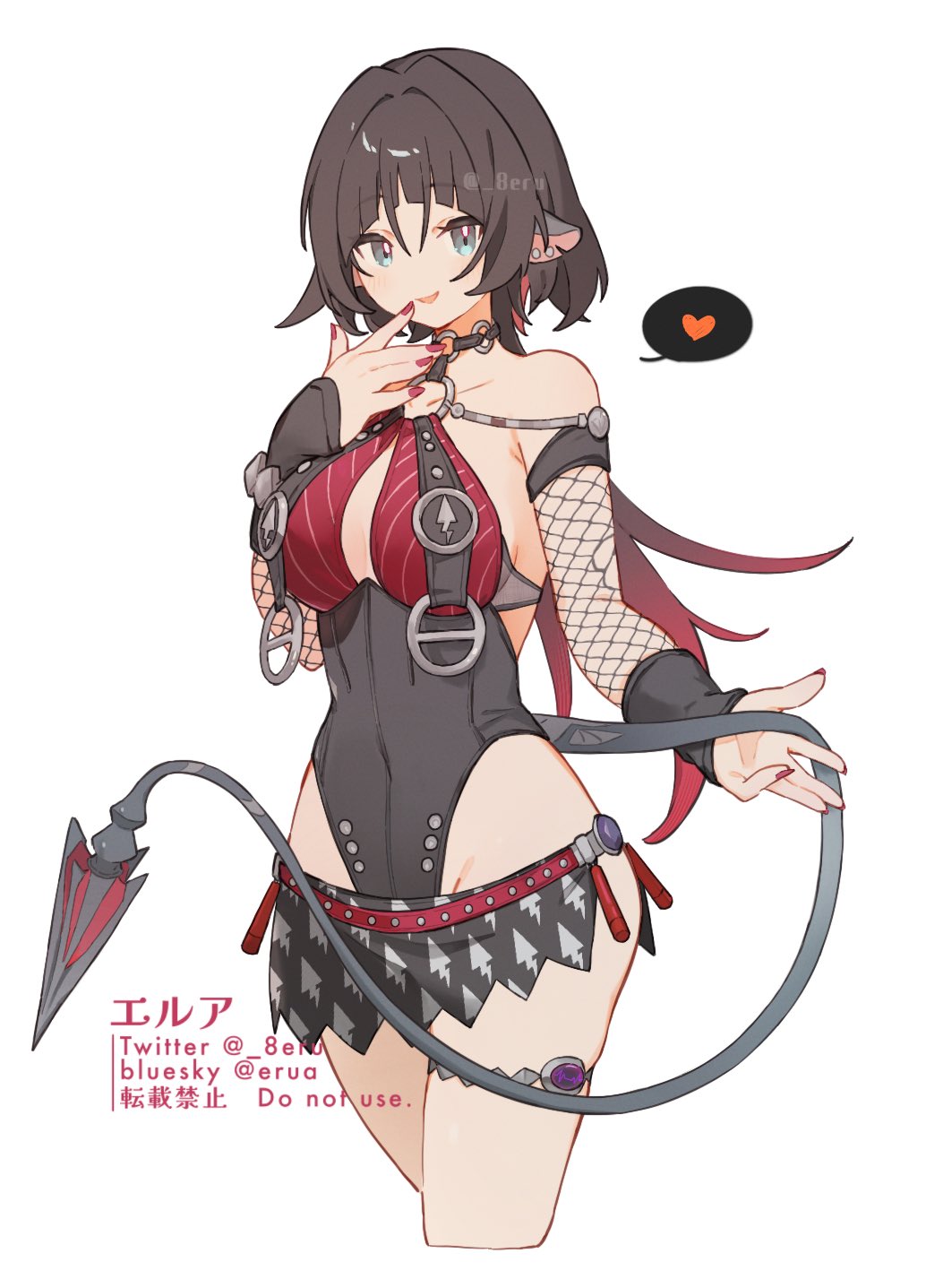 erua ( 8eru), jane doe (nocturne of light) (zenless zone zero), jane doe (zenless zone zero), zenless zone zero, commentary request, highres, 1girl, animal ears, bare shoulders, black hair, black one-piece swimsuit, black sarong, blue eyes, breast curtains, breasts, choker, collarbone, covered navel, cowboy shot, earrings, fishnet sleeves, fishnets, heart, holding own tail, jewelry, large breasts, leather leotard, long hair, looking at viewer, mouse ears, mouse girl, mouse tail, multicolored hair, notched ear, o-ring, o-ring choker, o-ring swimsuit, official alternate costume, one-piece swimsuit, open mouth, red hair, red nails, red one-piece swimsuit, sarong, sharp tail, simple background, solo, spoken heart, swimsuit, tail, two-tone one-piece swimsuit, white background