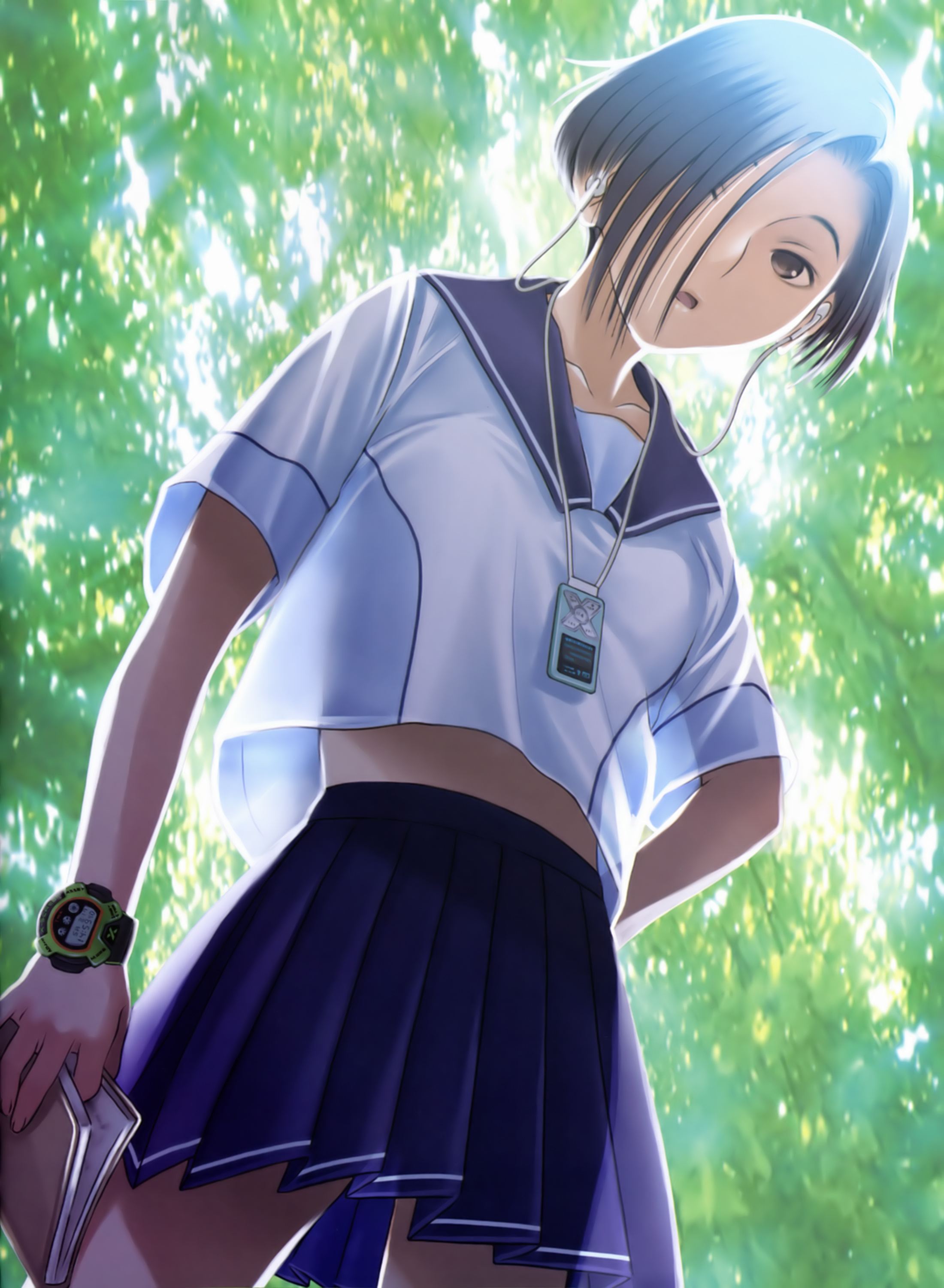 mino tarou, kobayakawa rinko, love plus, absurdres, highres, official art, 1girl, black hair, book, brown eyes, earphones, female focus, hair over one eye, mp3 player, school uniform, serafuku, short hair, solo, watch, wristwatch