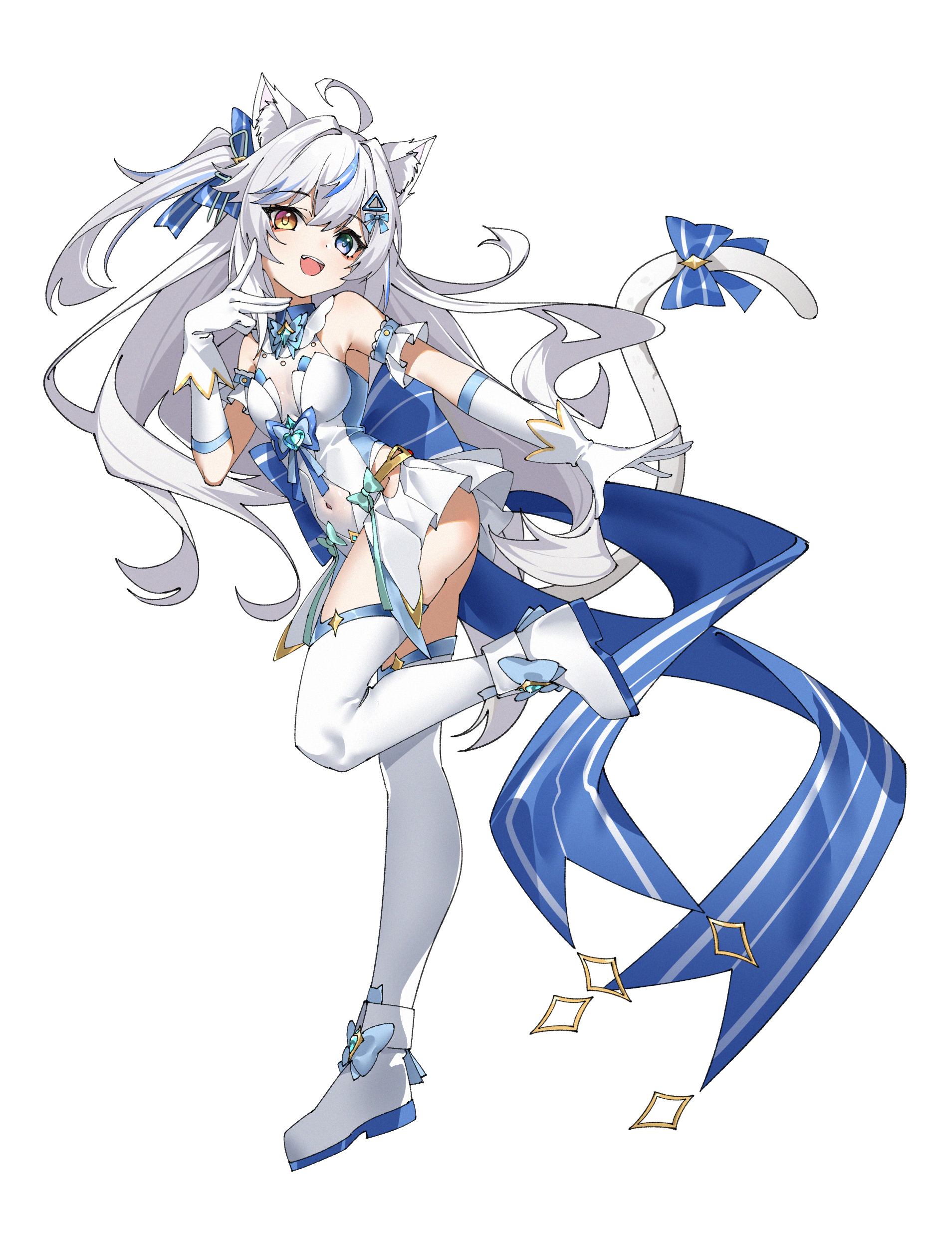original, absurdres, commentary request, highres, 1033744468, 1girl, :d, ahoge, animal ear fluff, animal ears, blue eyes, blue hair, breasts, cat ears, cat girl, cat tail, dress, full body, gloves, hair ornament, hair ribbon, hairclip, heterochromia, long hair, looking at viewer, magical girl, multicolored hair, open mouth, ribbon, small breasts, smile, solo, streaked hair, tail, tail ornament, tail ribbon, teeth, thighhighs, two-tone hair, upper teeth only, very long hair, white background, white dress, white gloves, white hair, white thighhighs, yellow eyes