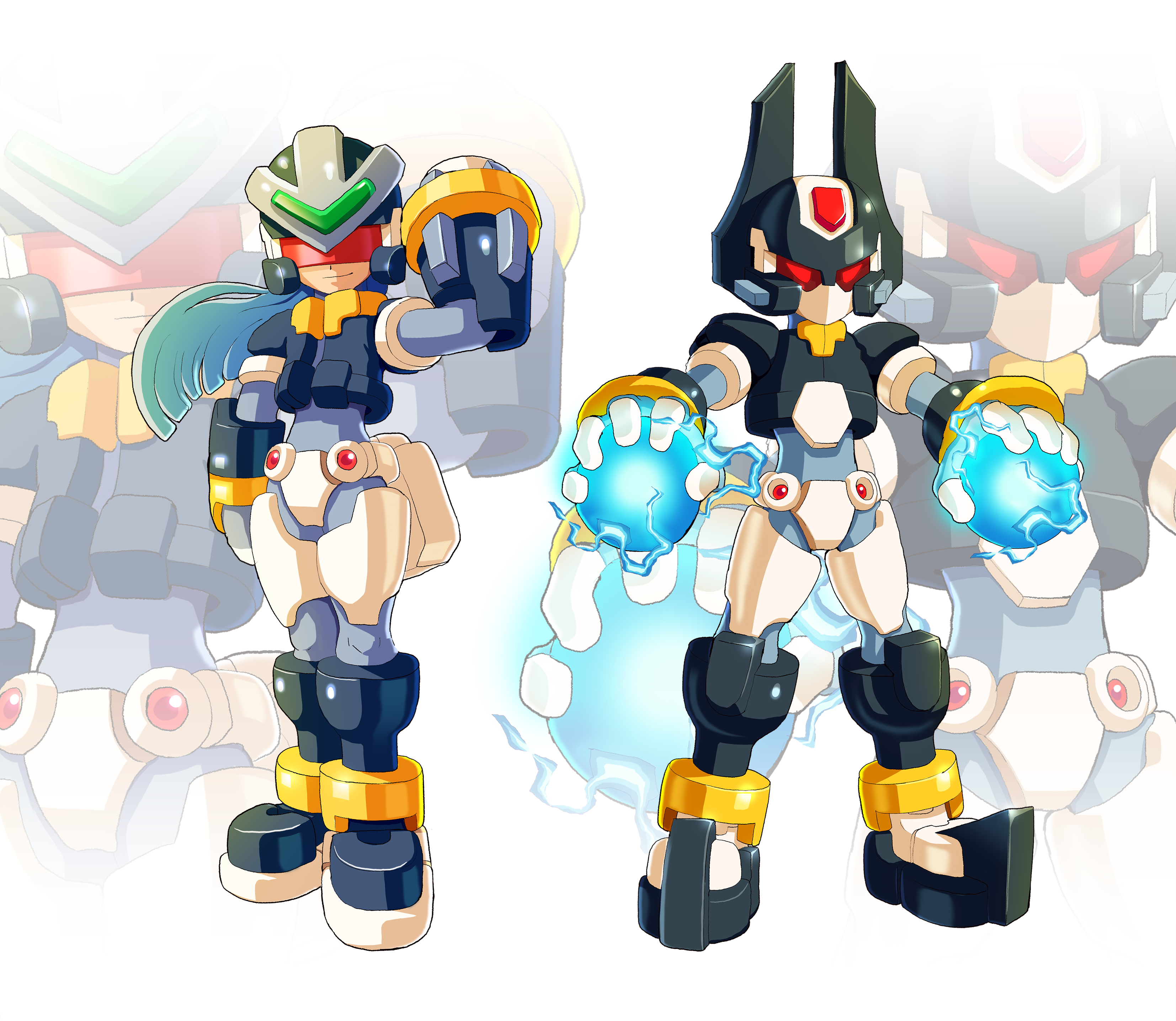 ultimatemaverickx, dynamo (mega man), high max (mega man), mega man (series), mega man x6, mega man x (series), mega man zx, absurdres, commentary, english commentary, highres, arm cannon, armor, assault visor, black armor, black helmet, blue hair, cosplay, dynamo (mega man) (cosplay), energy ball, forehead jewel, full body, helmet, high max (mega man) (cosplay), holding, legs apart, male focus, red eyes, red visor, standing, weapon, white background