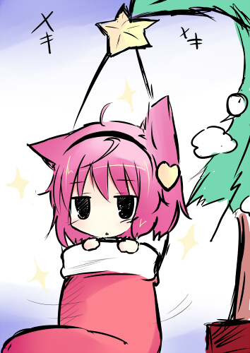 shichinose, komeiji satori, touhou, lowres, 1girl, animal ears, cat ears, cat girl, chibi, christmas, christmas stocking, christmas tree, empty eyes, female focus, kemonomimi mode, pink hair, solo, star (symbol)