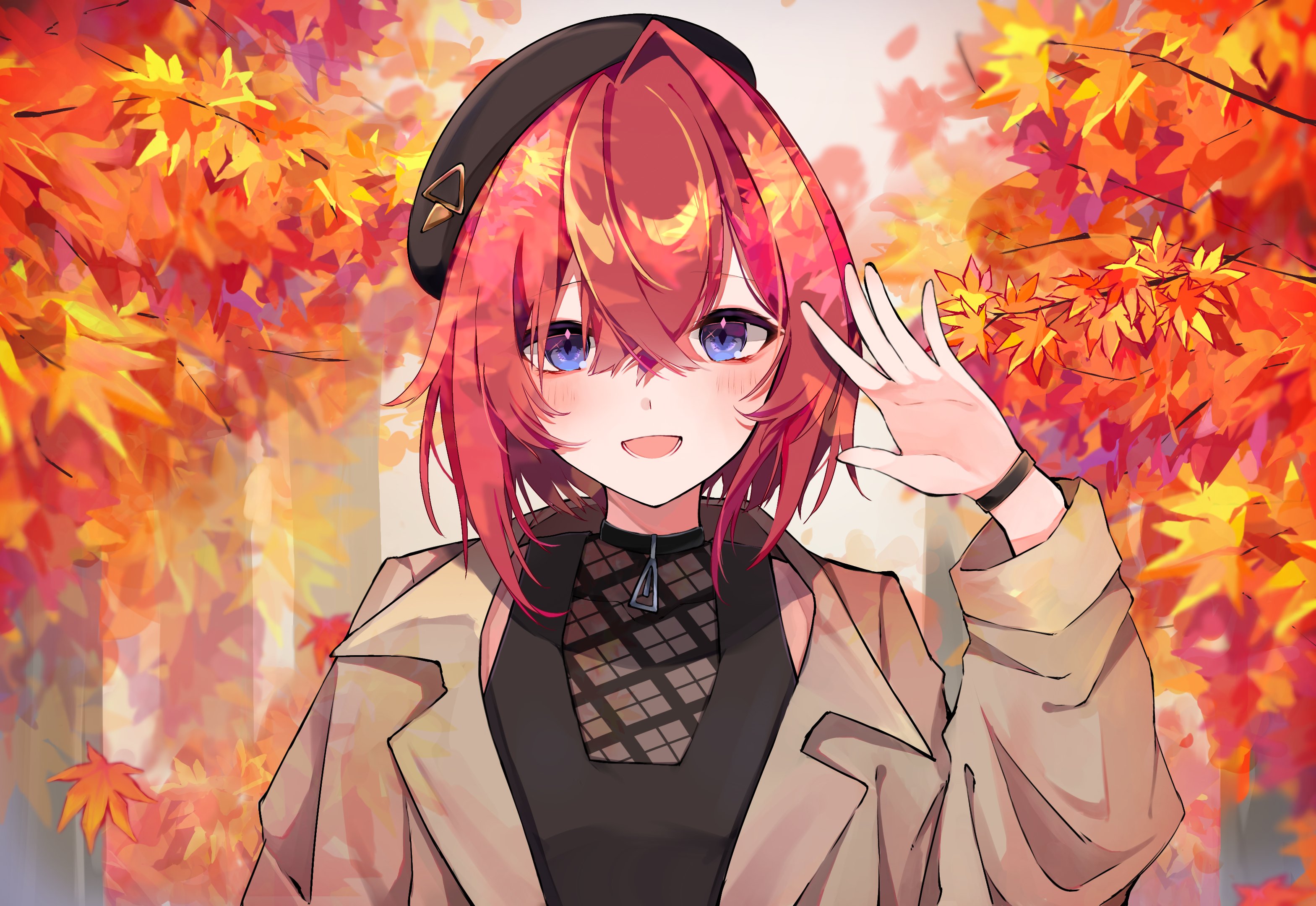 ange katrina, nijisanji, commentary request, highres, 1girl, :d, autumn, autumn leaves, beret, black hat, black shirt, blue eyes, blurry, blurry background, blush, bracelet, brown coat, coat, crossed bangs, double exposure, gradient eyes, hair between eyes, hand up, hat, jewelry, lapels, leaf, long bangs, long sleeves, looking at viewer, medium hair, multicolored eyes, official alternate costume, open mouth, outdoors, purple eyes, red hair, see-through clothes, see-through shirt, shirt, single hair intake, siraha 7, sleeveless, sleeveless shirt, smile, solo, straight-on, tree, upper body, virtual youtuber, waving