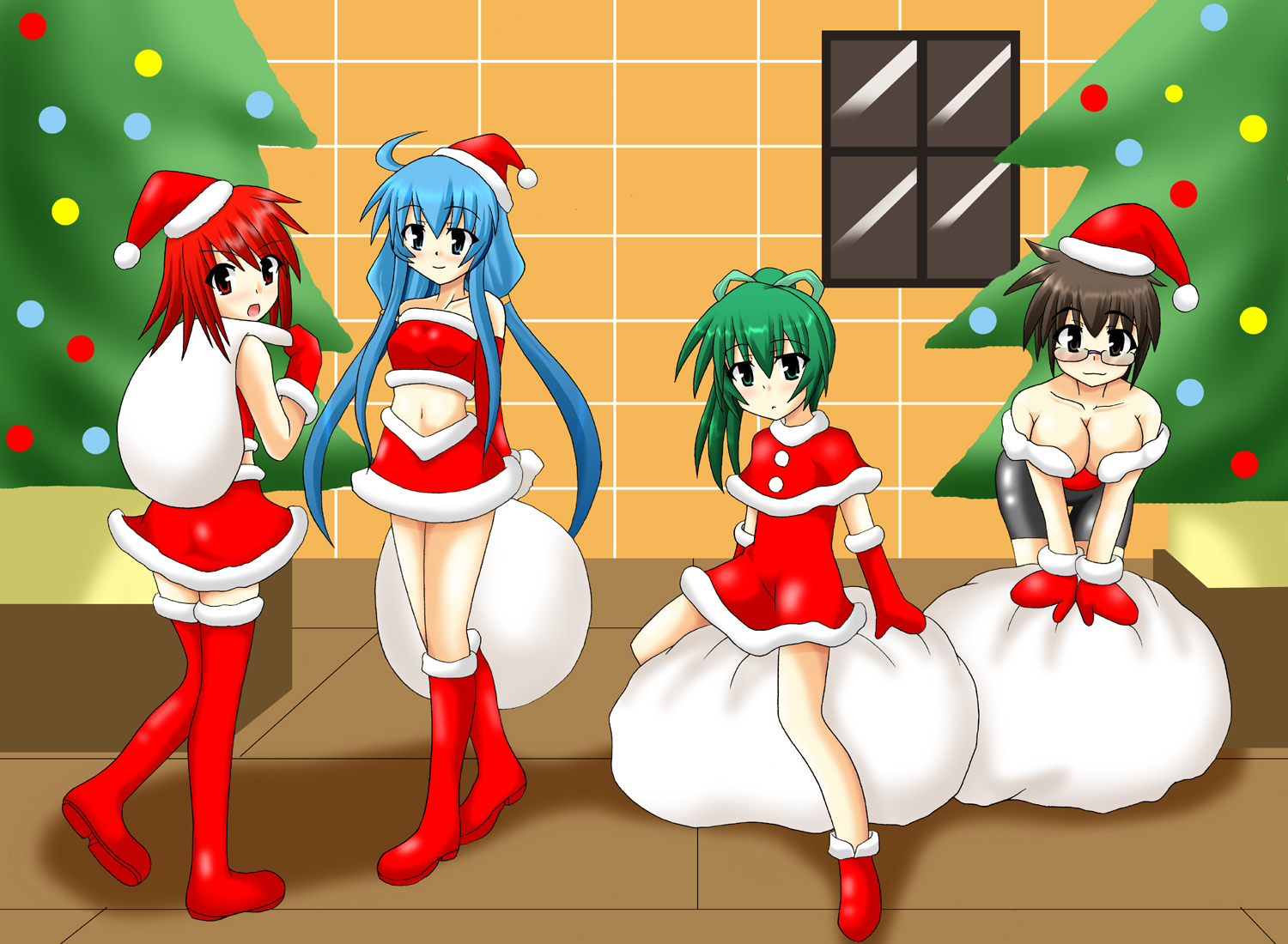 aketake, aussa (yu-gi-oh!), aussa the earth charmer, eria the water charmer, hiita, hiita (yu-gi-oh!), hiita the fire charmer, wynn (yu-gi-oh!), wynn the wind charmer, yu-gi-oh!, yu-gi-oh! duel monsters, 4girls, blue eyes, blue hair, boots, bow, brown eyes, brown hair, christmas, christmas tree, dress, duel monster, glasses, gloves, green eyes, green hair, hat, long hair, midriff, multiple girls, ponytail, red eyes, red hair, santa costume, santa hat, short hair, skirt, smile, thigh boots, thighhighs, window, zettai ryouiki