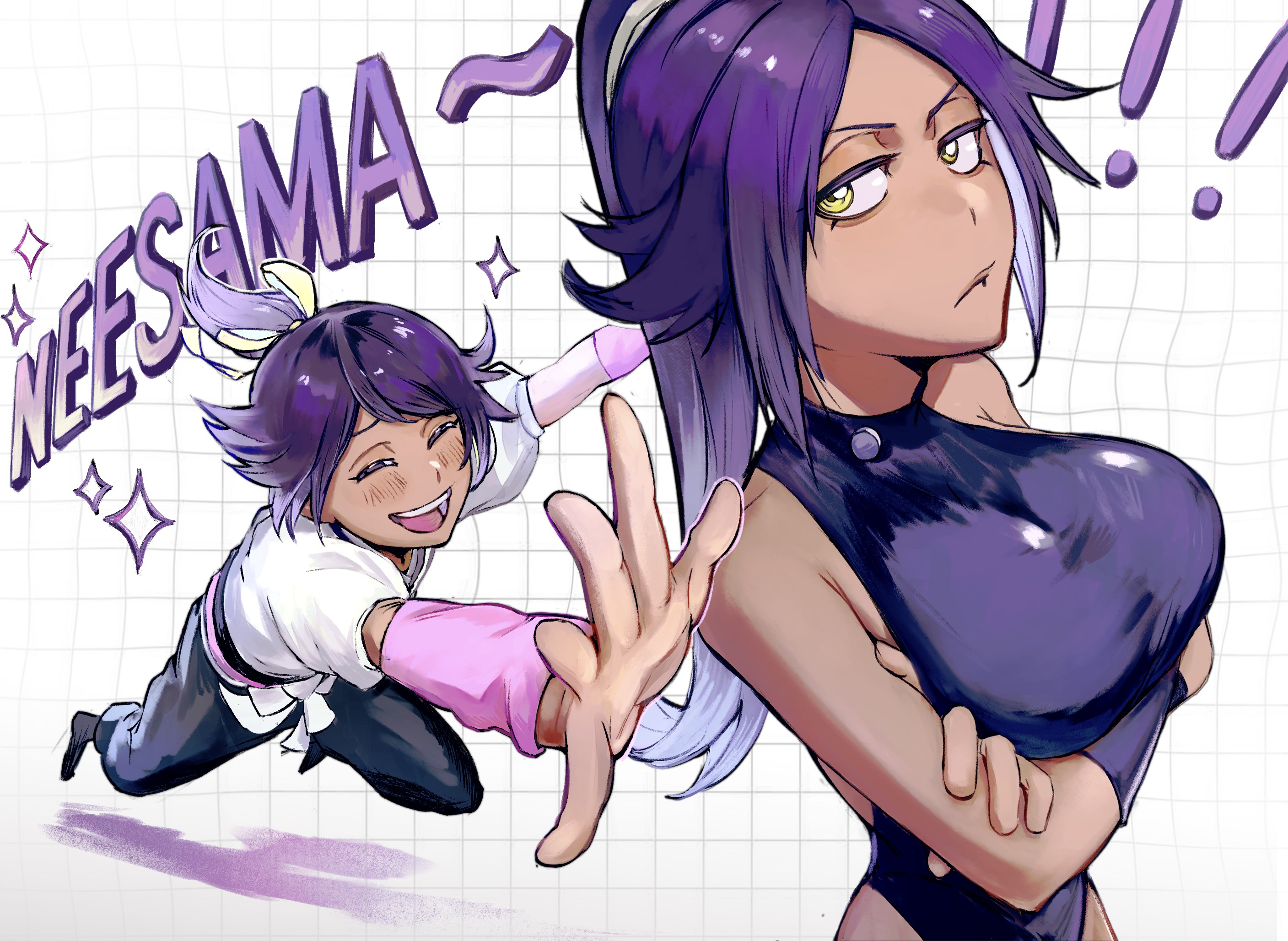 uno 0a, shihouin yoruichi, shihouin yuushirou, bleach, bleach: sennen kessen-hen, highres, !, !!, 1boy, 1girl, 2025, arms under breasts, bare shoulders, black pants, breasts, brother and sister, crossed arms, dark-skinned female, dark skin, english text, hair ornament, happy, large breasts, long hair, open mouth, pants, ponytail, purple hair, siblings, yellow eyes