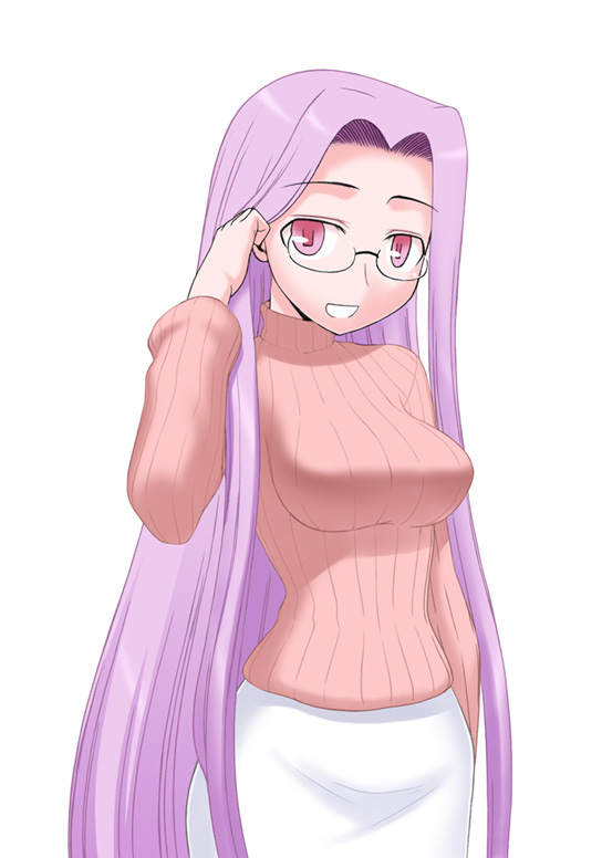 siseru samurai, medusa (fate), medusa (rider) (fate), fate/stay night, fate (series), 00s, 1girl, casual, female focus, glasses, long hair, purple eyes, purple hair, simple background, solo, square pupils, sweater