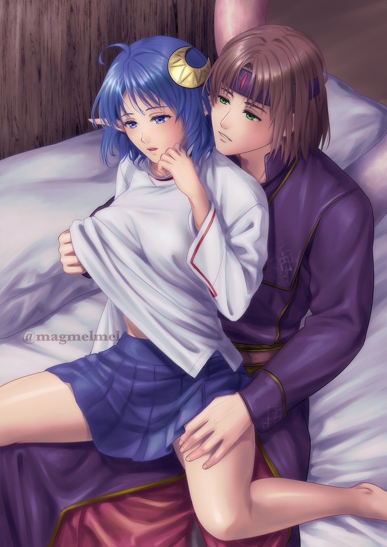 magmel, ashton anchors, rena lanford, star ocean, star ocean: the second story, commission, highres, skeb commission, 1boy, 1girl, ahoge, bed, blue eyes, blue hair, crescent, crescent hair ornament, green eyes, hair ornament, lips, open mouth, pointy ears, short hair