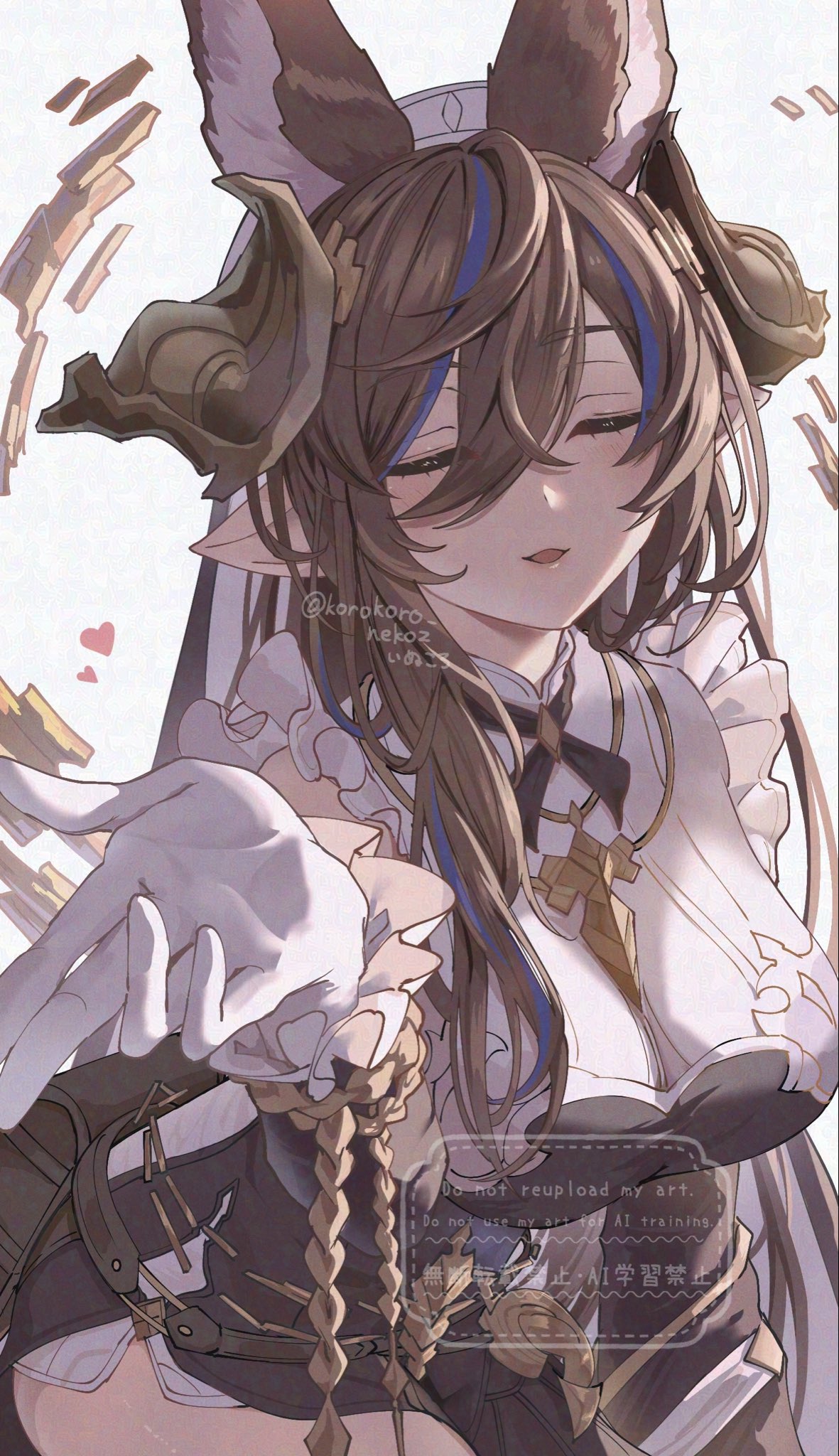 korokoro nekoz, galleon (granblue fantasy), granblue fantasy, commentary request, highres, 1girl, animal ears, bare shoulders, black dress, blue hair, breasts, brown hair, cowboy shot, dress, large breasts, multicolored hair, parted lips, smile, solo, streaked hair, two-tone hair, white background