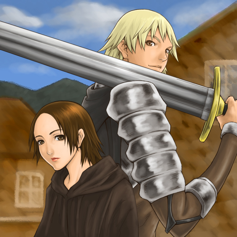 great-vacation, priscilla (claymore), raki (claymore), claymore (series), 00s, 1boy, 1girl, armor, blonde hair, brown eyes, brown hair, claymore (sword), sword, weapon