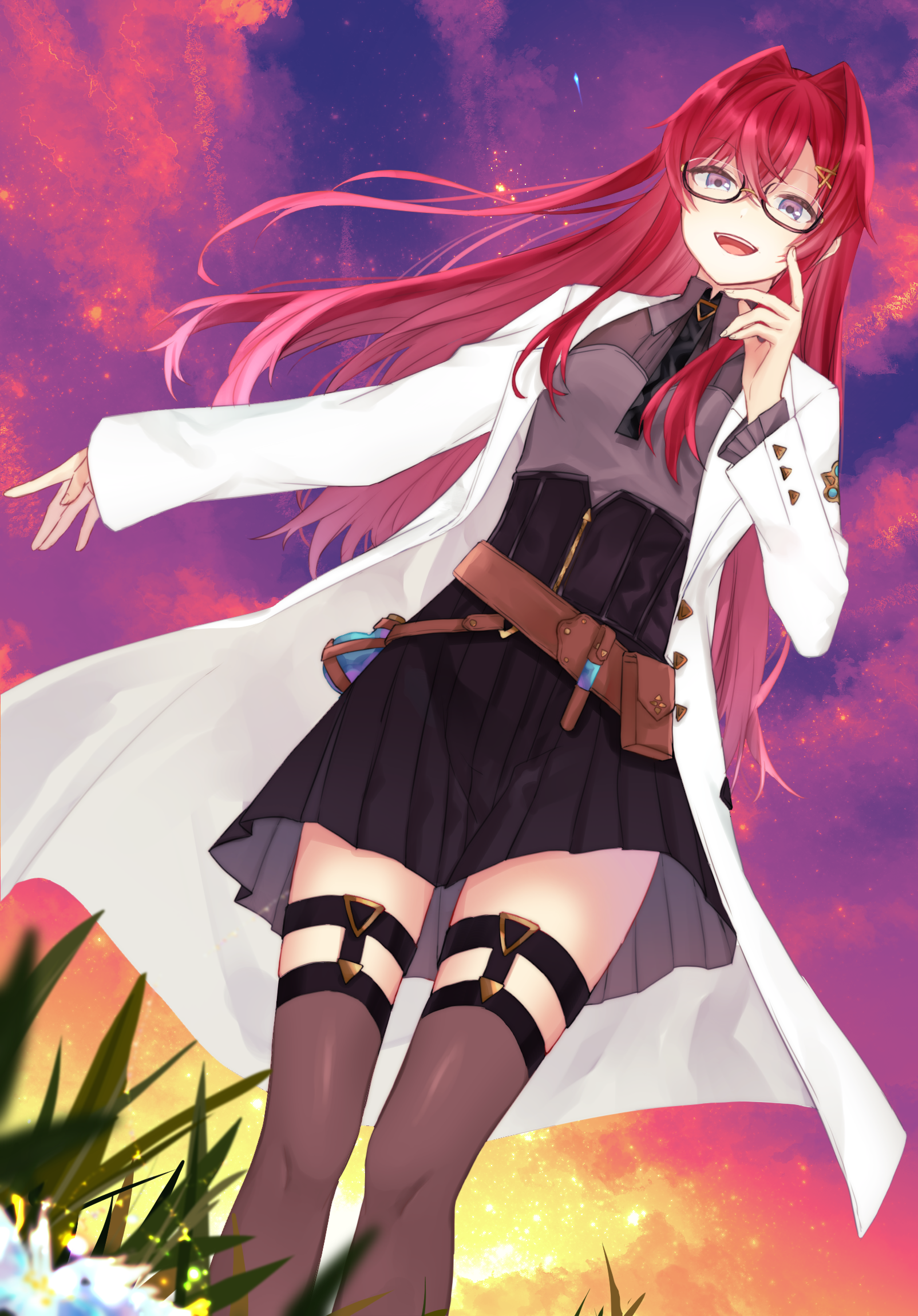 gyuentec, ange katrina, ange katrina (4th costume), nijisanji, commentary request, highres, 1girl, :d, belt, belt pouch, black-framed eyewear, black necktie, black skirt, blurry, brown belt, brown thighhighs, coat, collared shirt, crossed bangs, depth of field, dutch angle, feet out of frame, flask, from below, glasses, grass, grey shirt, hair between eyes, hair intakes, hand up, high-waist skirt, lab coat, legwear garter, long hair, long sidelocks, long sleeves, looking at viewer, miniskirt, necktie, open clothes, open coat, open mouth, outdoors, pouch, purple eyes, purple sky, red hair, round-bottom flask, semi-rimless eyewear, shirt, shirt tucked in, sidelocks, skirt, sky, smile, solo, square-end necktie, standing, star (sky), sunset, teeth, thighhighs, upper teeth only, very long hair, virtual youtuber, white coat, zettai ryouiki