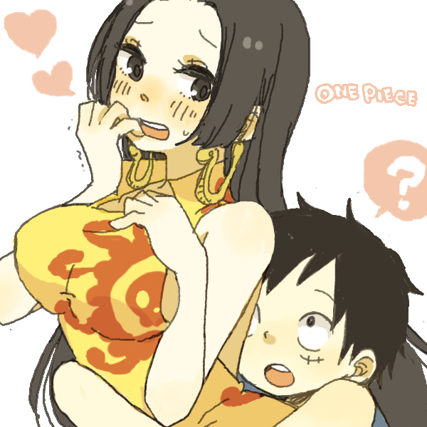 yukke, boa hancock, monkey d. luffy, one piece, 1boy, 1girl, ?, black eyes, black hair, blush, dress, earrings, embarrassed, height difference, hetero, hug, impel down, jewelry, long hair, scar, yellow dress