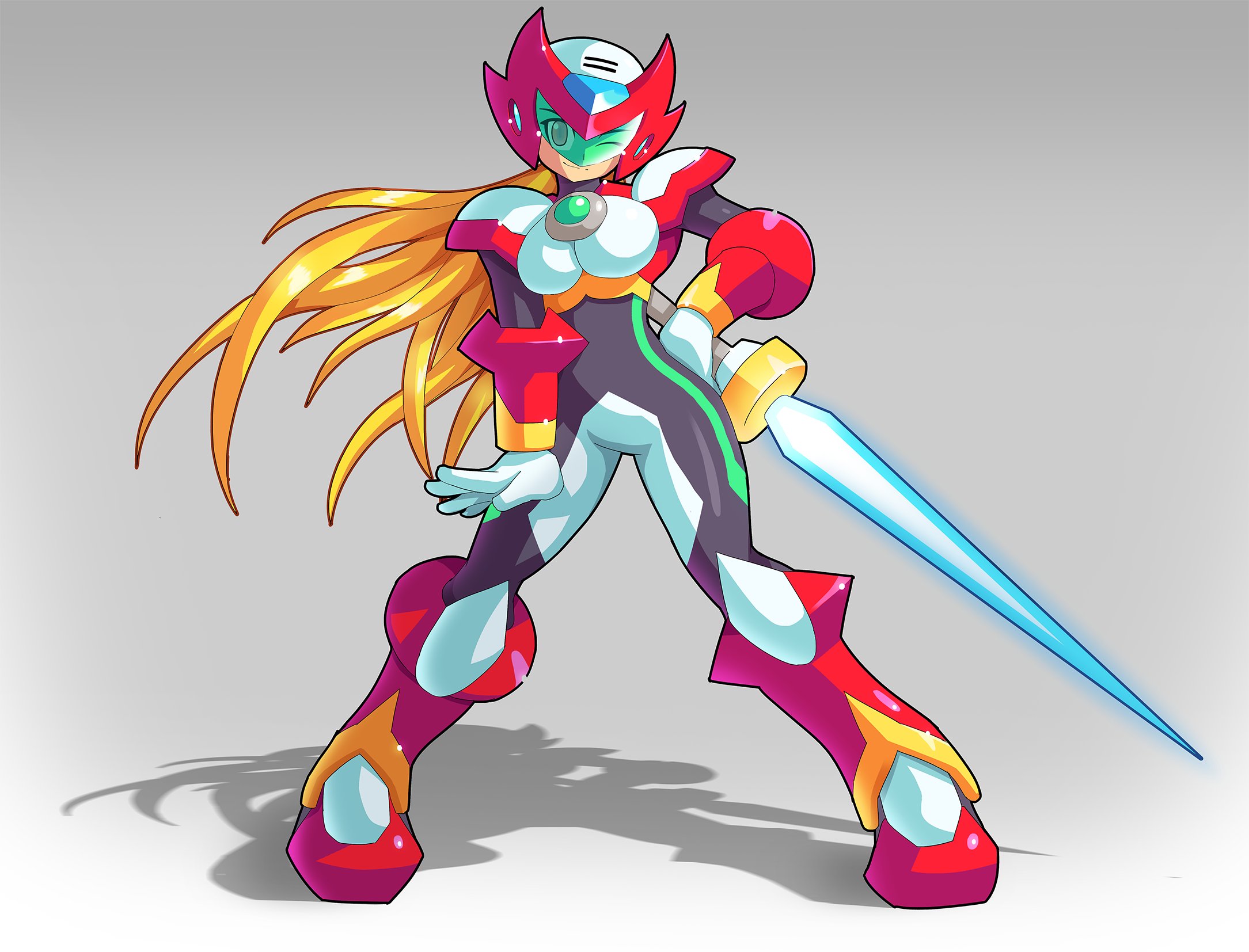 ultimatemaverickx, rias gremory, zero (mega man), high school dxd, mega man (series), mega man star force (series), mega man x (series), commentary, english commentary, highres, 1girl, armor, assault visor, blonde hair, breasts, cosplay, em wave change (mega man), energy sword, forehead jewel, gradient background, grey background, hand on own hip, helmet, holding, holding weapon, long hair, red helmet, shadow, simple background, standing, sword, weapon, zero (mega man) (cosplay)