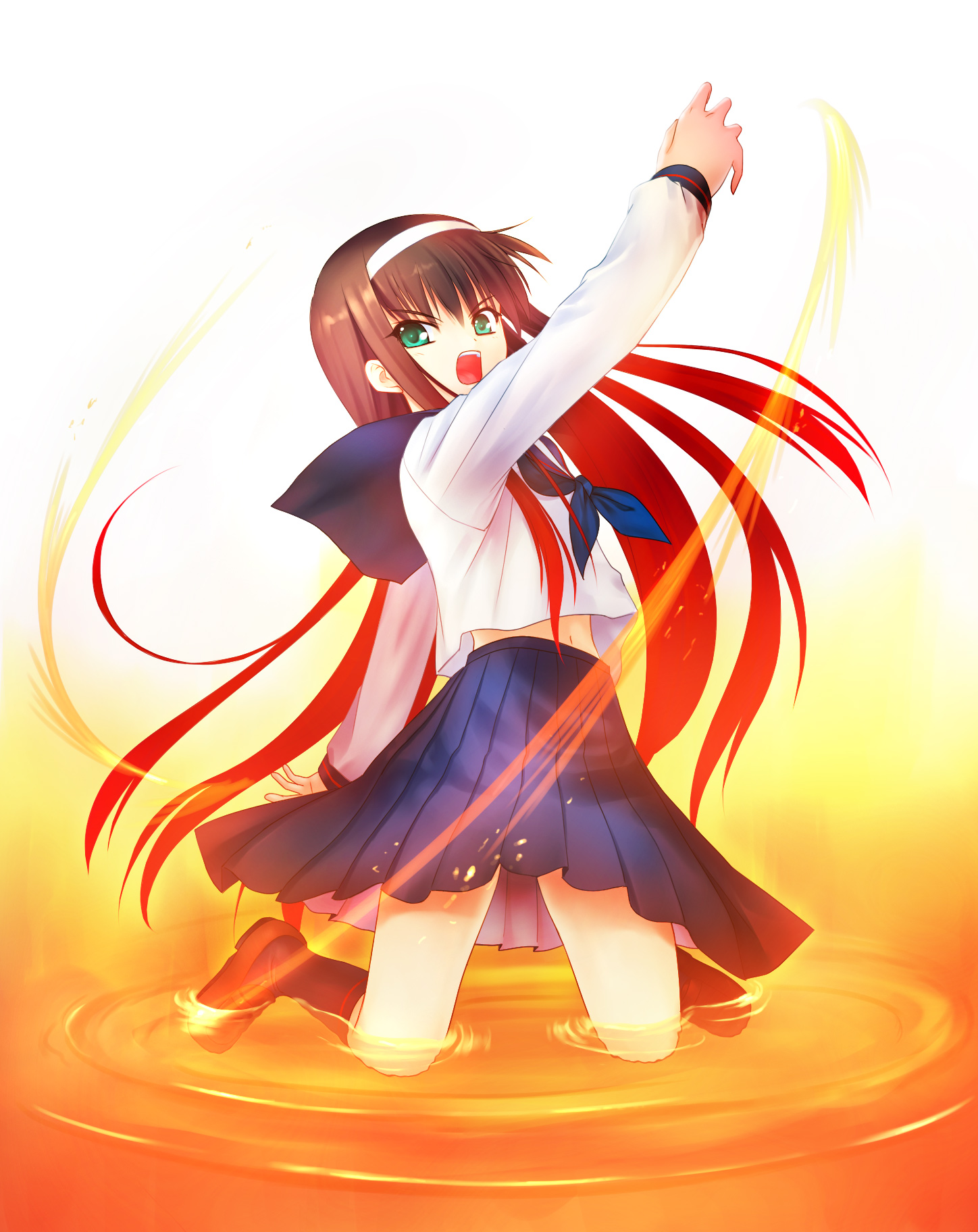 na-ga, tohno akiha, tsukihime, highres, 00s, 1girl, bad anatomy, bad hands, female focus, green eyes, hairband, kneeling, long hair, multicolored hair, navel, poorly drawn, red hair, school uniform, serafuku, solo, water